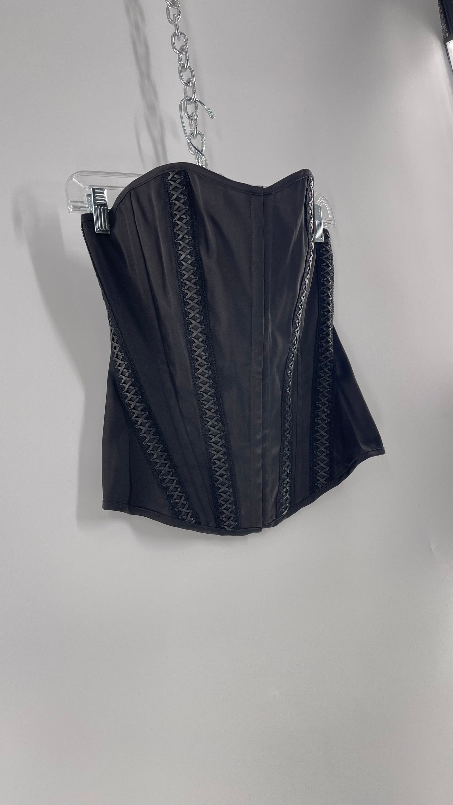 Vintage Charlotte Russe Black Boned Corset with Criss Cross Leather Details and Lace Up Back (Large)