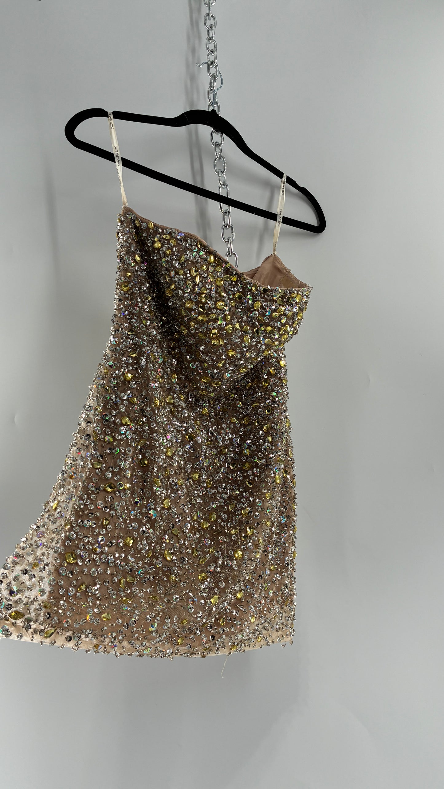 Vintage SHERRI HILL Nude Tan Underlay Mini Dress, Full Bedazzled and Covered in Beads  (6)