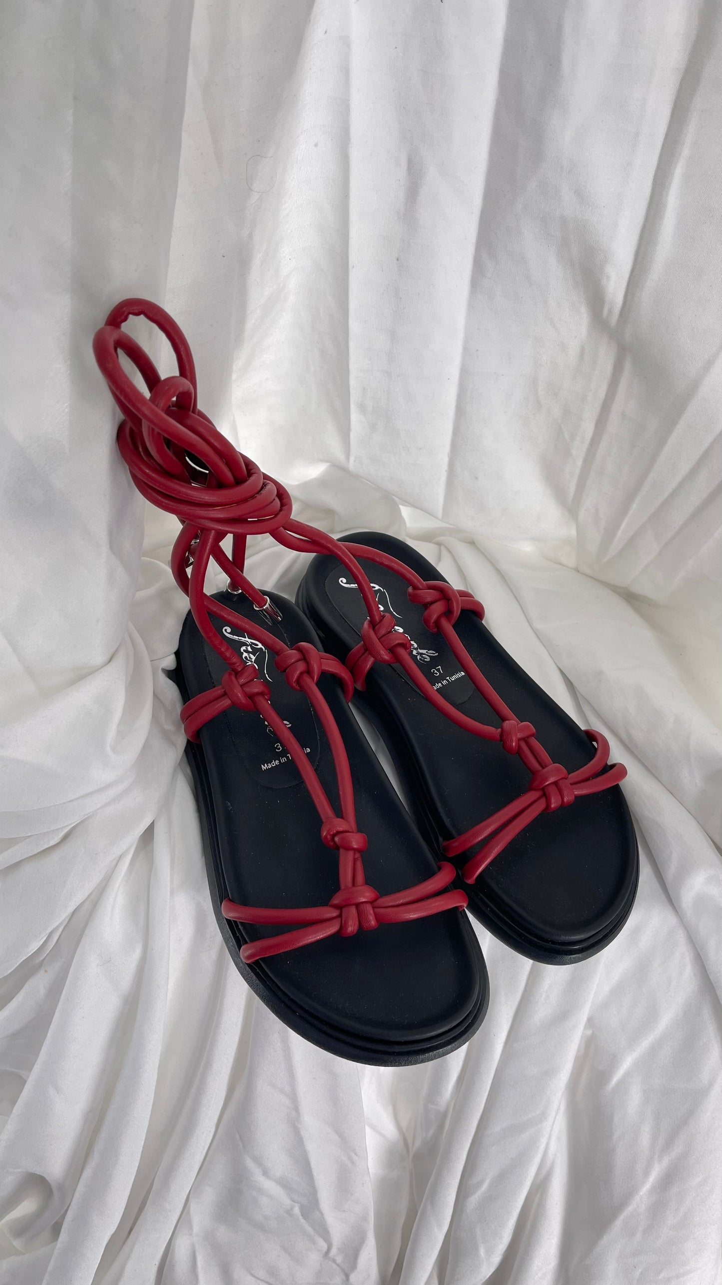 Free People Red Leather Tie Up Sandal (37/6)