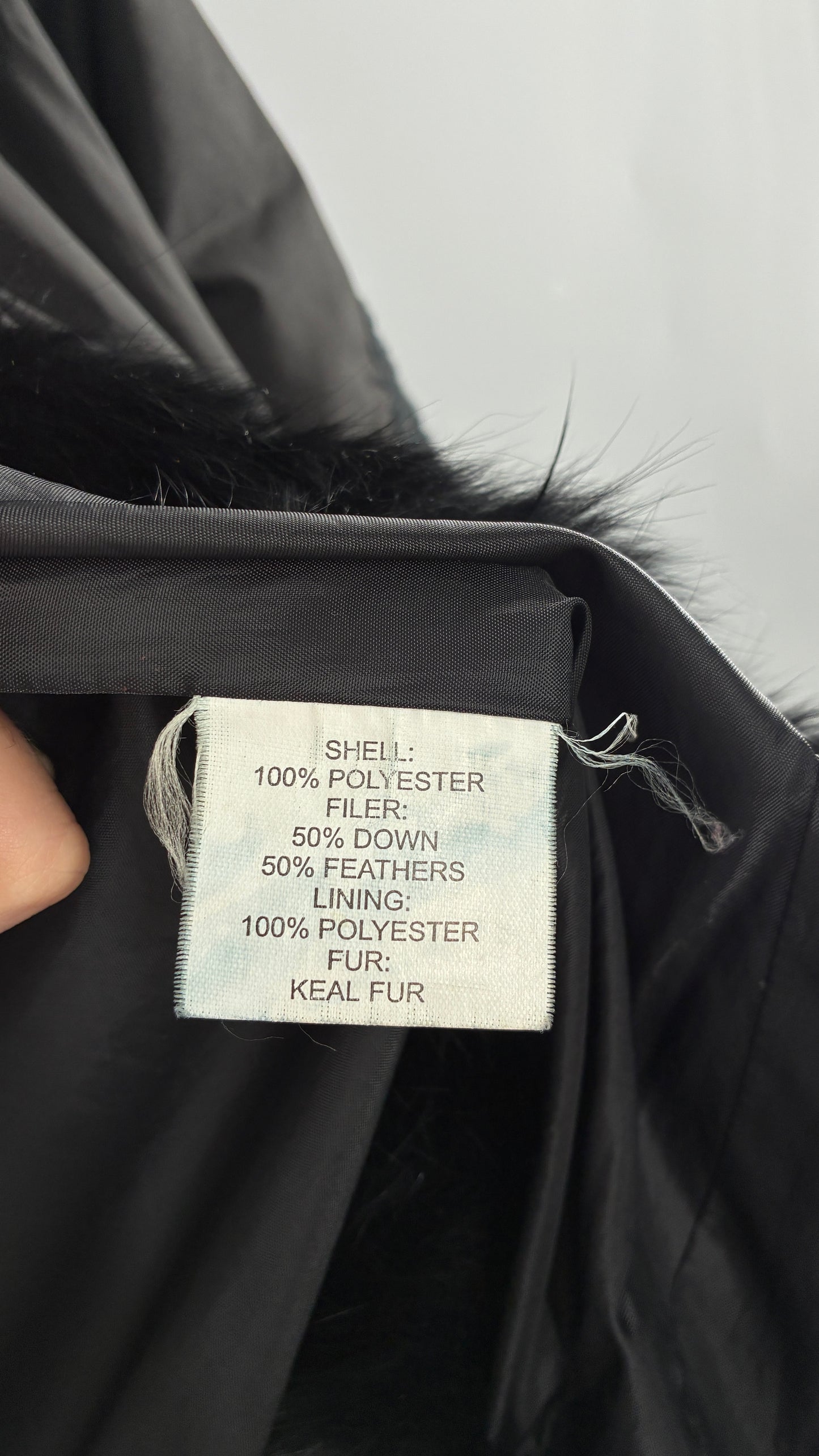 Vintage Gi & JO Black Down and Feather Puffer Jacket with Exaggerated Genuine Rabbit Fur Trim and Mandala Embroidery (Medium)