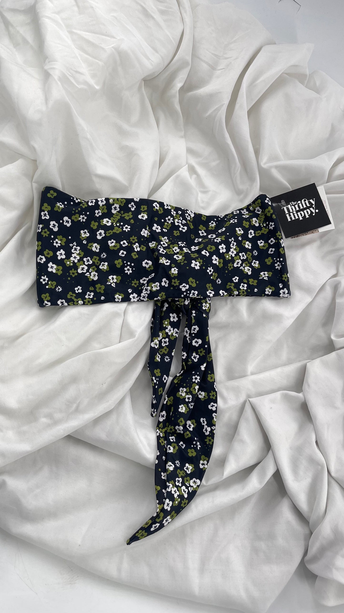 GILLIA swim Black Tie Up Bandeau with Green Poppy Florals (Medium)