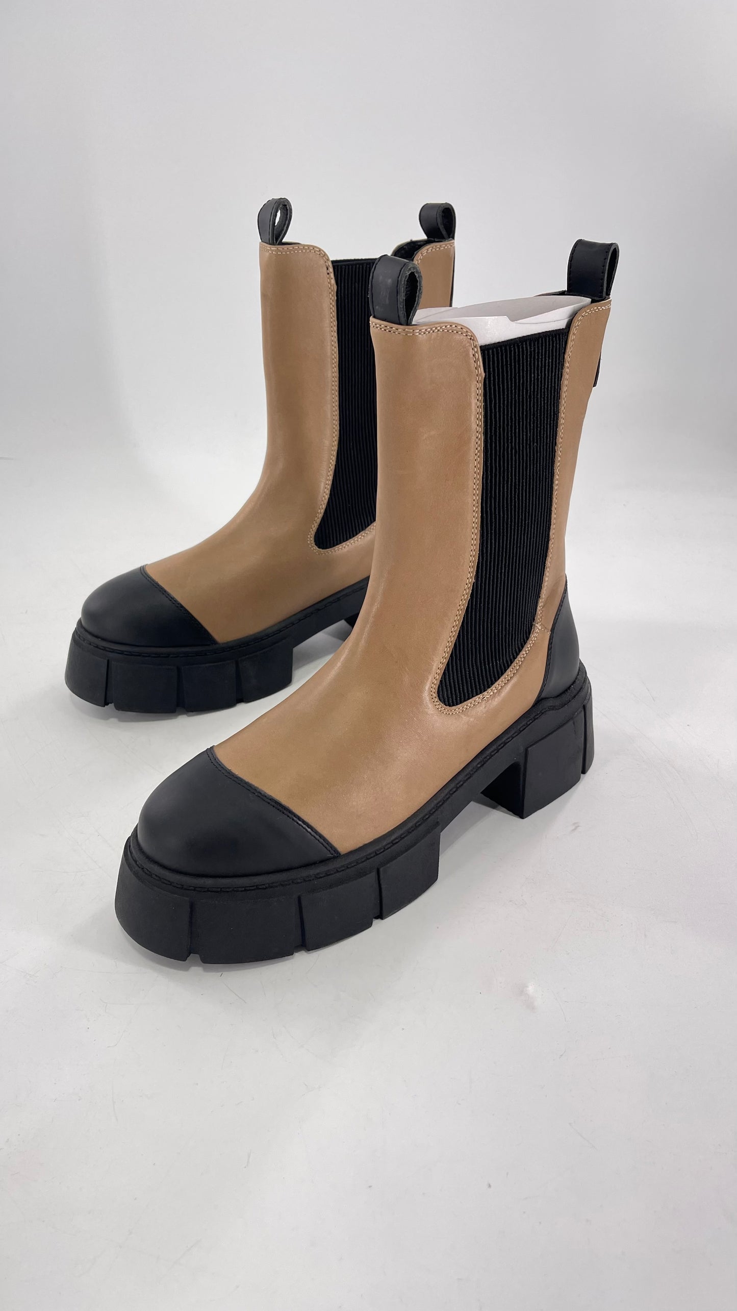 Free People James Chelsea Boot Tan with Chunky Heel and Raised Platform Sole (37.5)