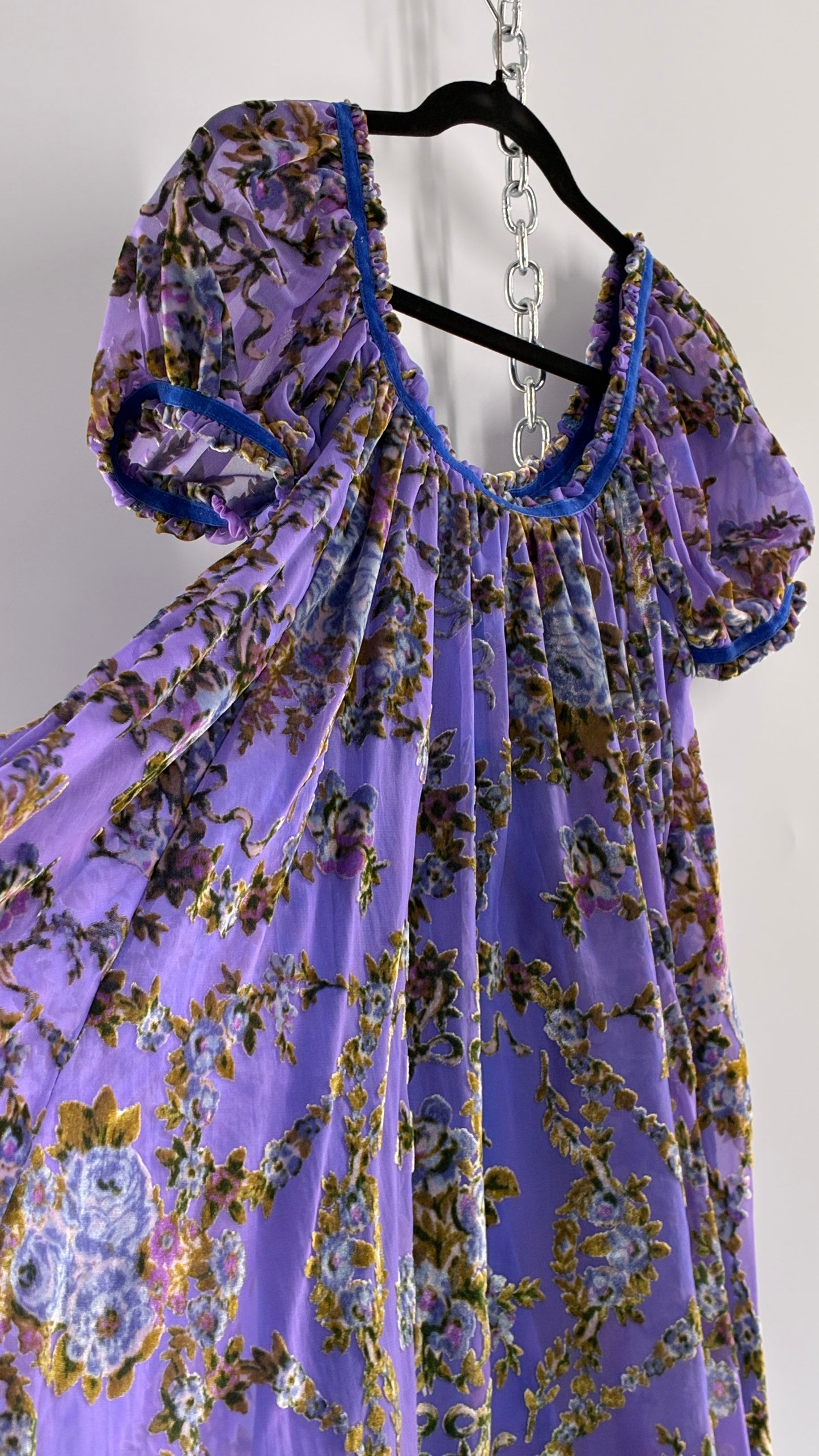 Free People Royal Blue Velour Floral and Bow Puff Sleeve Babydoll Mini Dress (XS)