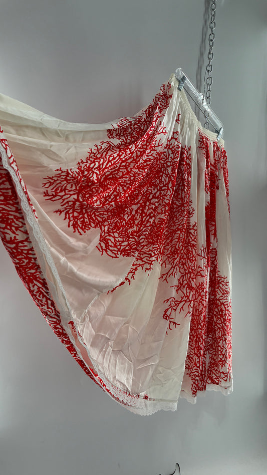 Handmade Vintage Full Length Voluminous Silky Skirt with Red Design (Large)