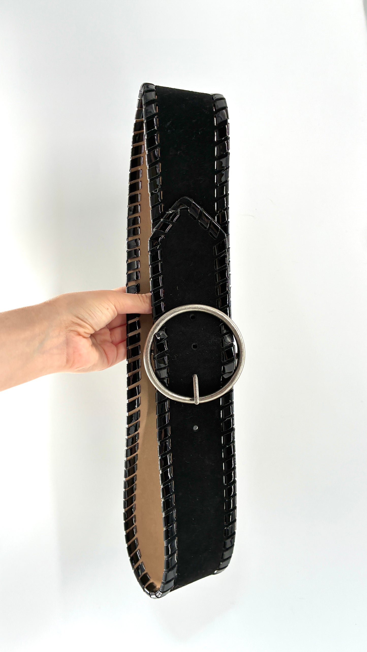 Vintage BUCKLE Black Genuine Suede Leather Wide Hip Belt with Oversized Silver Circle Buckle (XL)