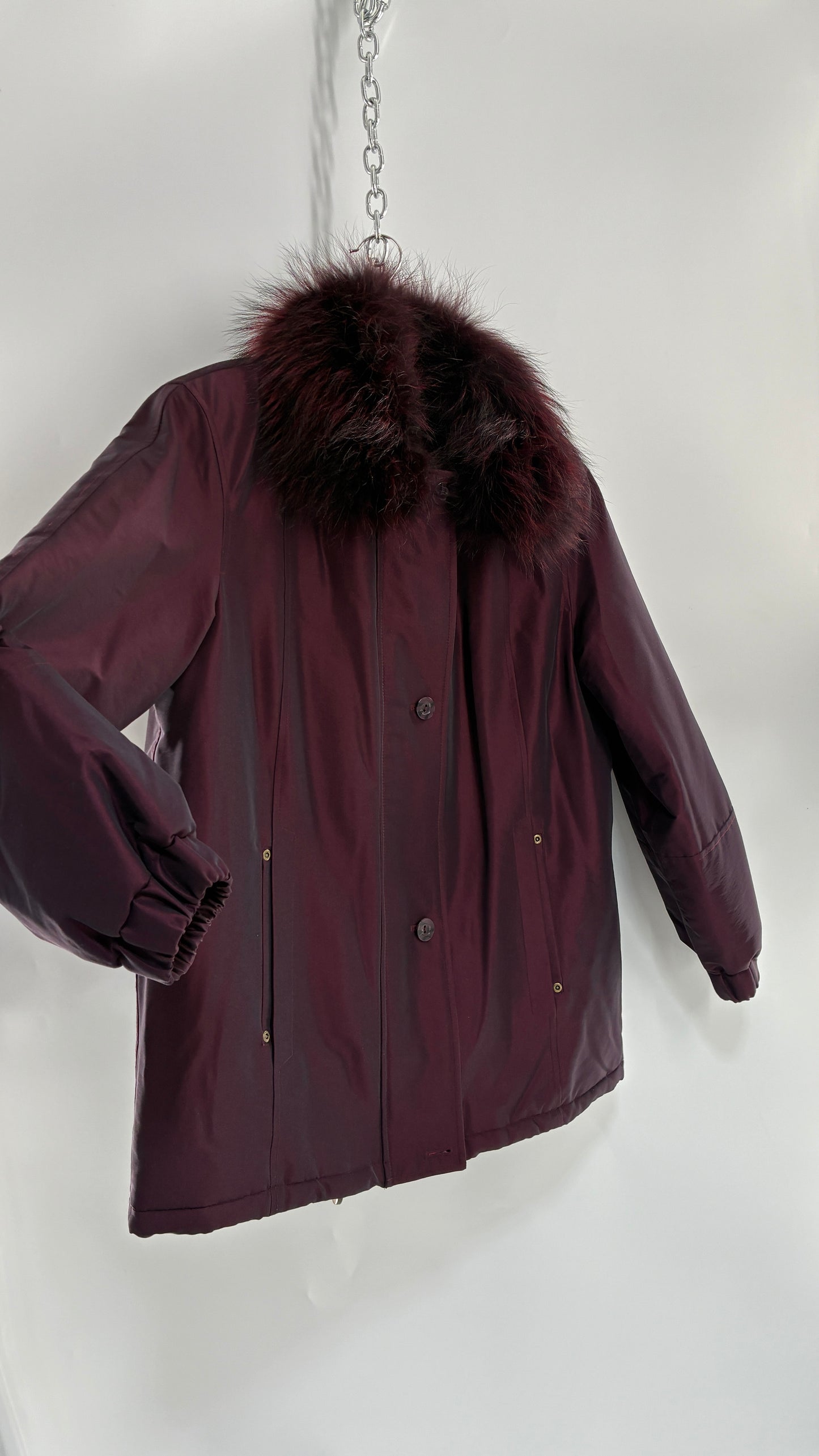 Vintage FLEET STREET Metallic Iridescent Purple Jacket with Exaggerated Genuine Fur Collar (Medium)