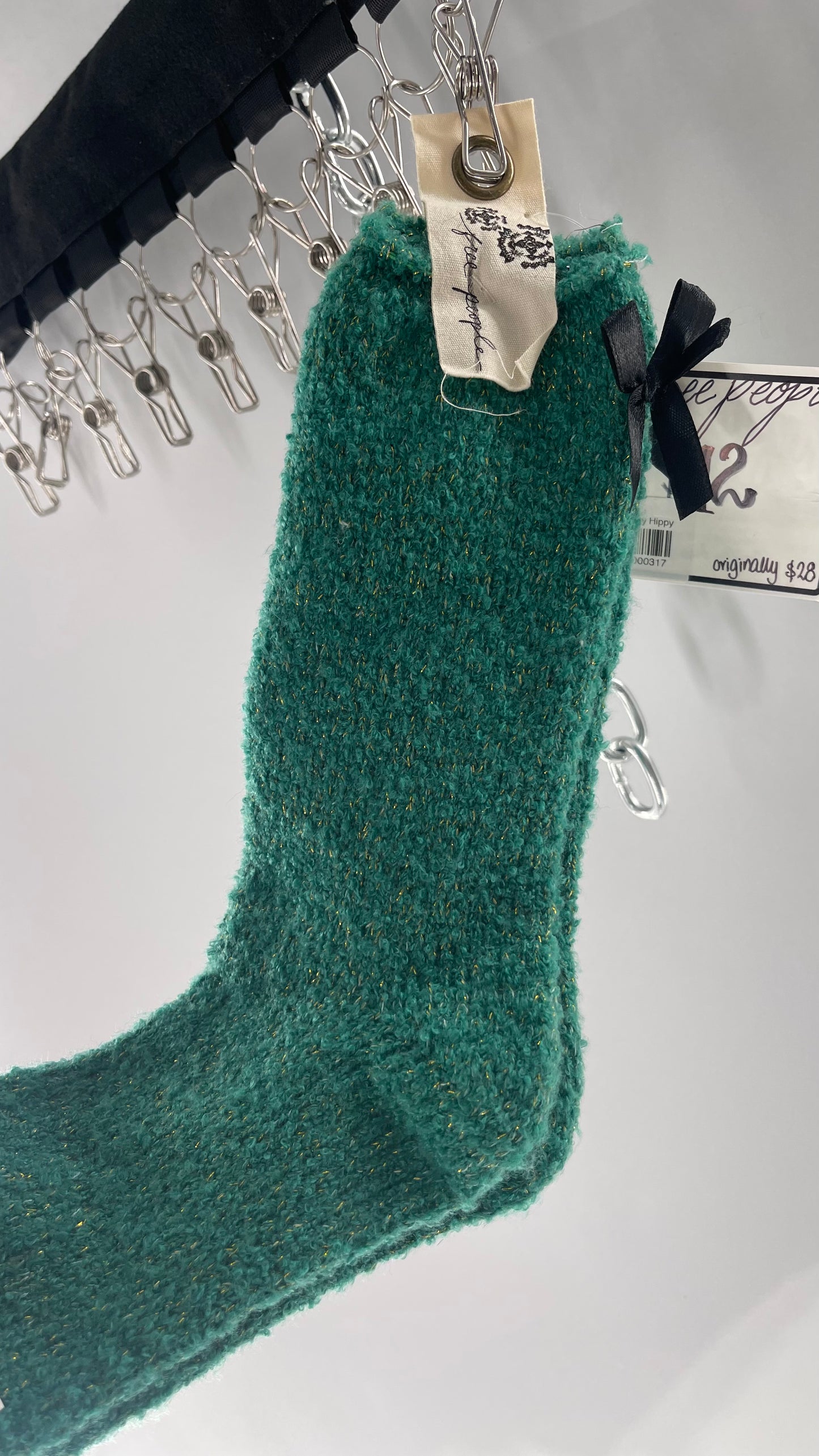 Free People Festive Green Socks with Gold Tinsel and Black Satin Bow Detail