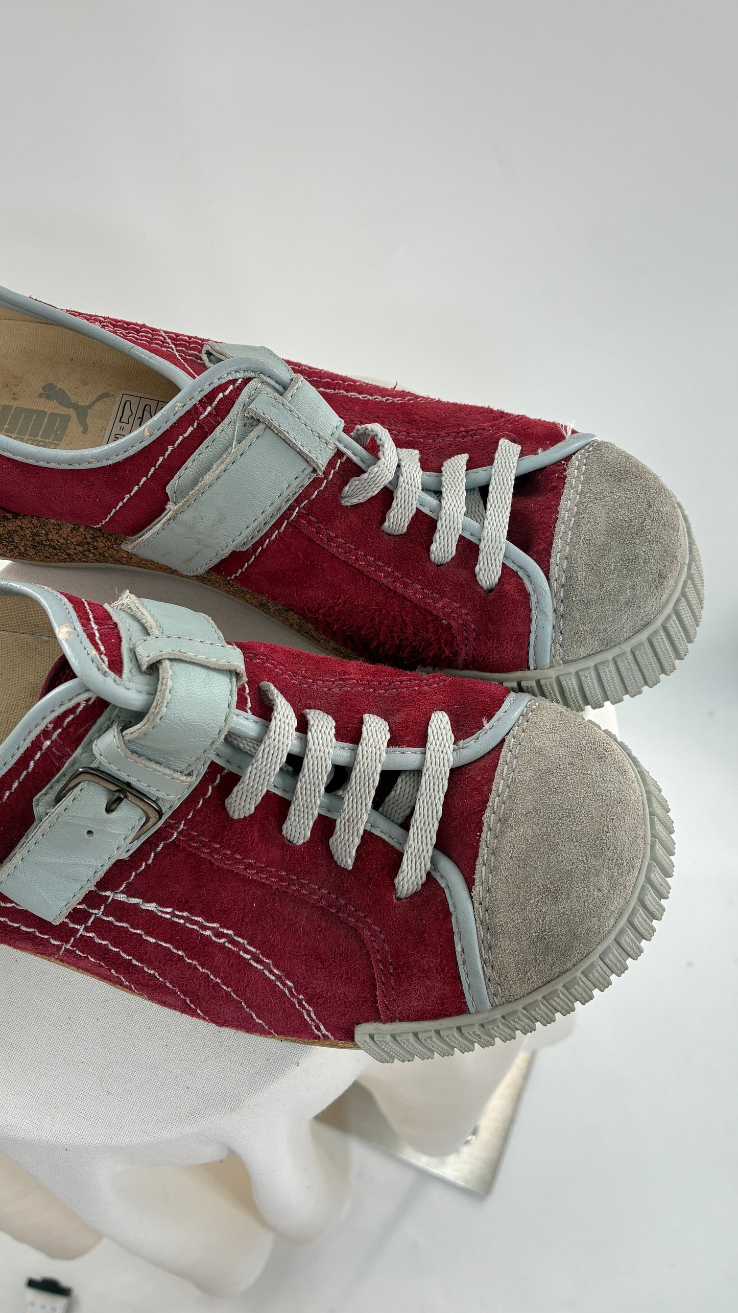 RARE 1/1 PUMA X Neil Barrett 2004 Maroon Red Suede Round Toe Sneaker with Powder Blue Stitching, Laces, and Velcro Buckle (11)