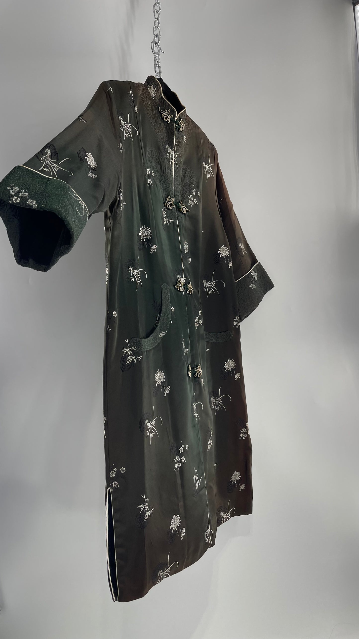 Vintage Hong Kong, Hand Made, Dark Green Silk Kimono Coat/Smoking Jacket (38)