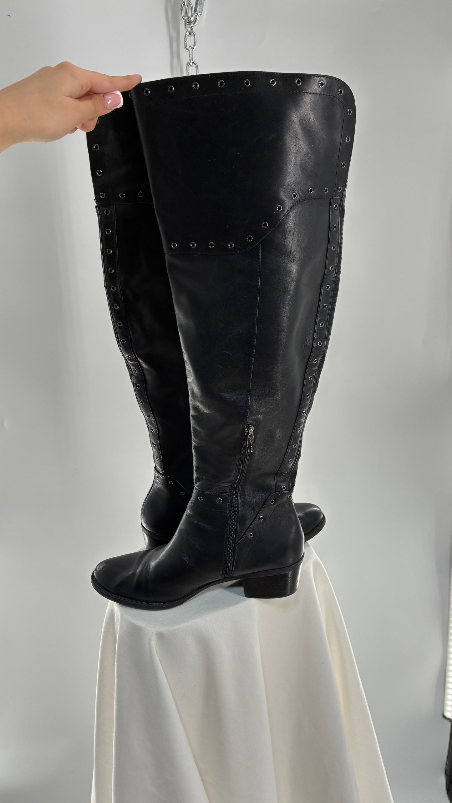 VINCE CAMUTO Genuine Leather Black Over the Knee, Thigh High Boots with Studding Details (11/41)