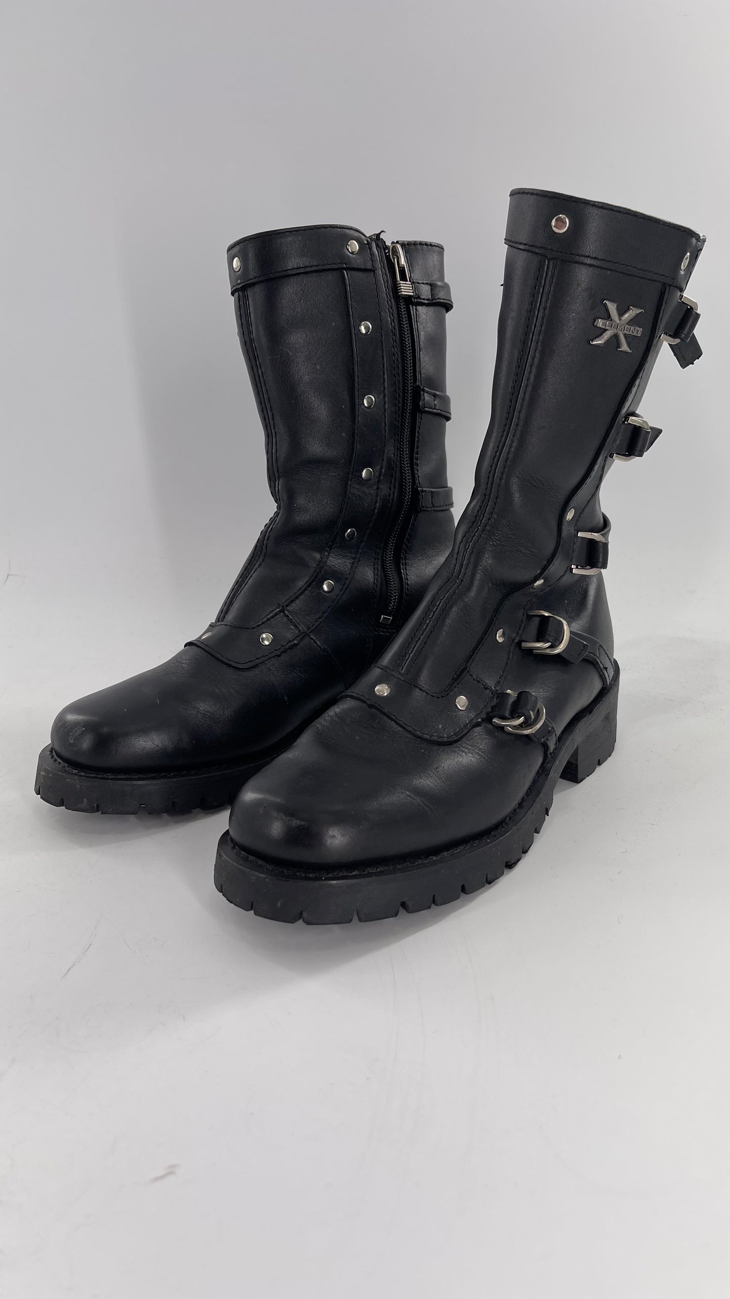 Vintage 1990s XELEMENT Buckle Side Genuine Leather Steam Punk Boots (Women’s 8.5)