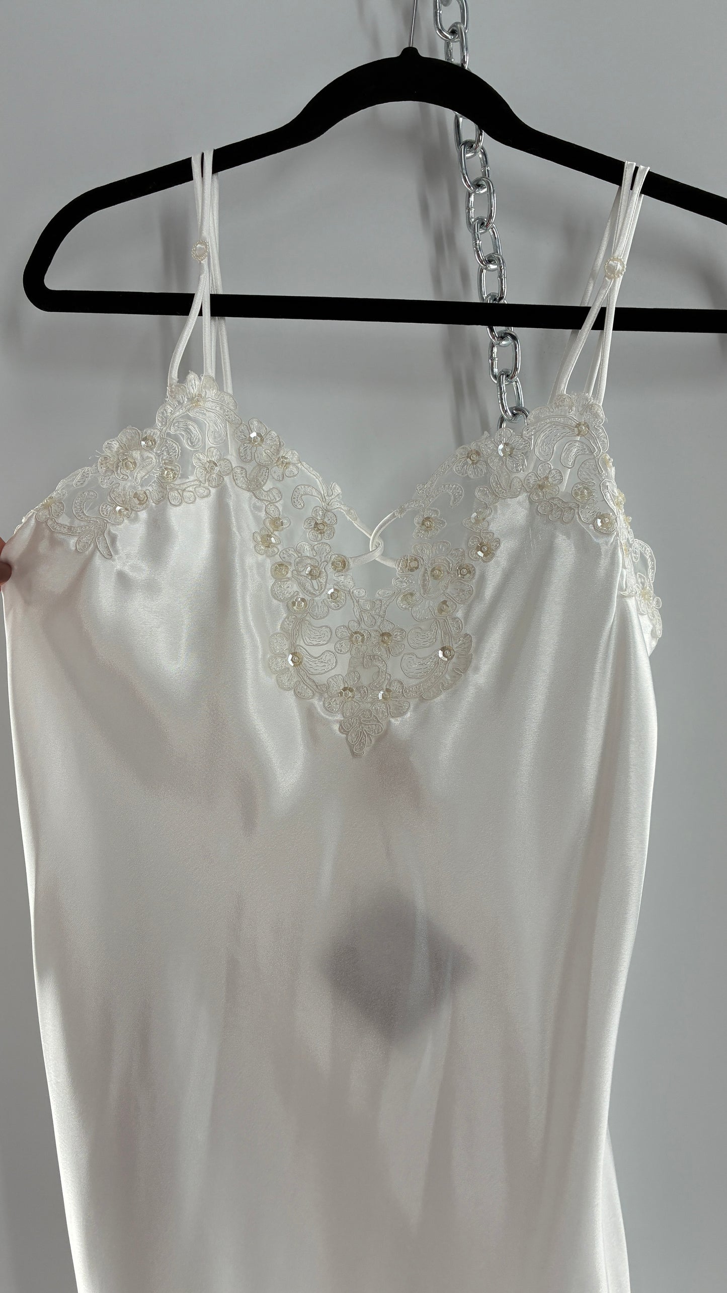Vintage California Dynasty White Glossy, Silky Night Gown Style Dress with Sequined Lace Bustline  (Small)