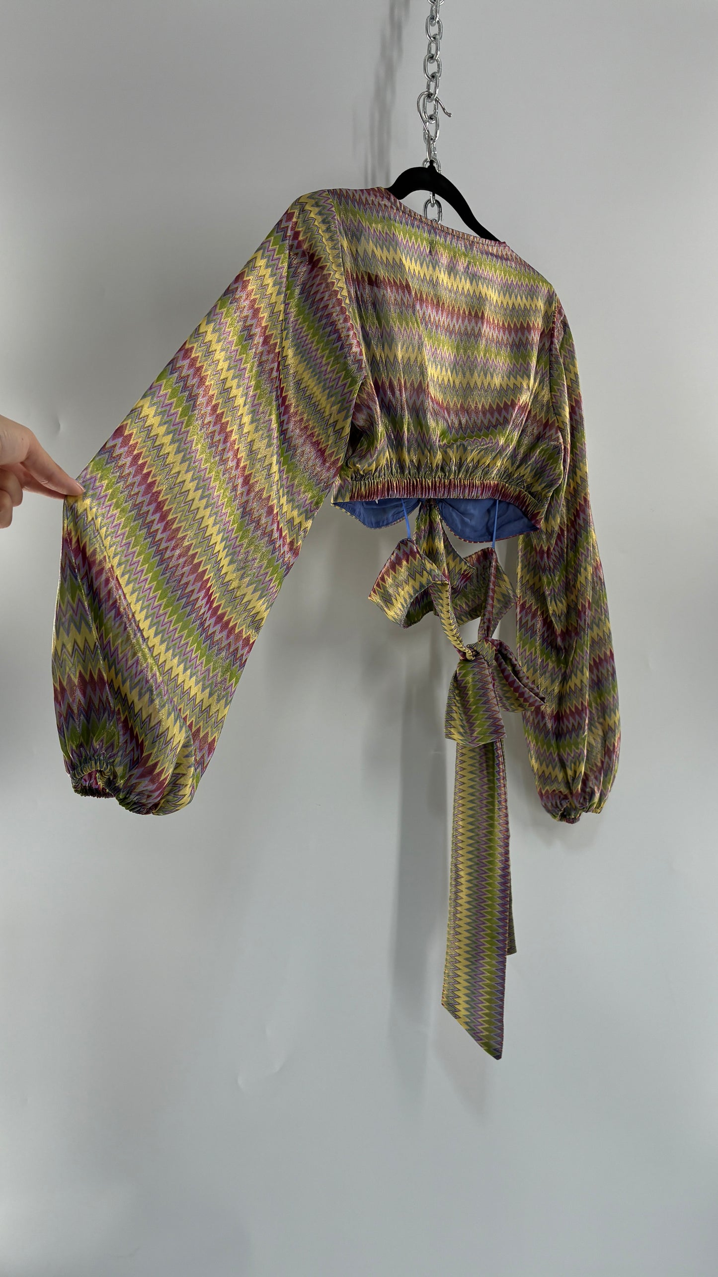 Urban Outfitters Green Open Side Tie Around, Balloon Sleeve Sparkle Top (Small)