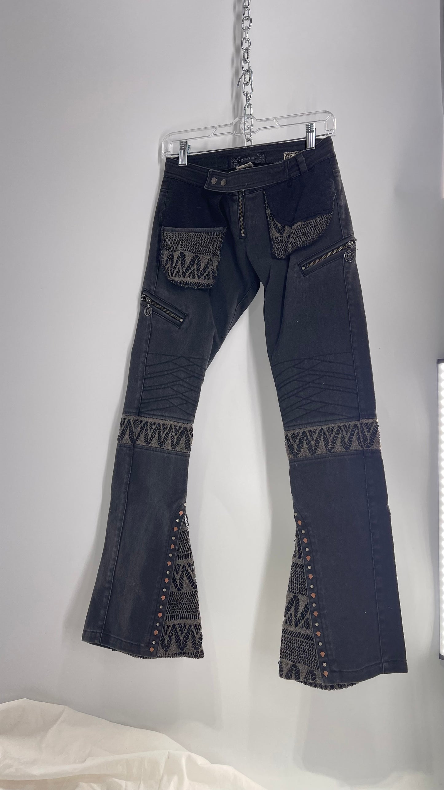 Vintage Rare PSYLO 1990s Low Rise Kick Flare Jeans with Studs, Lace and Hardware (38)