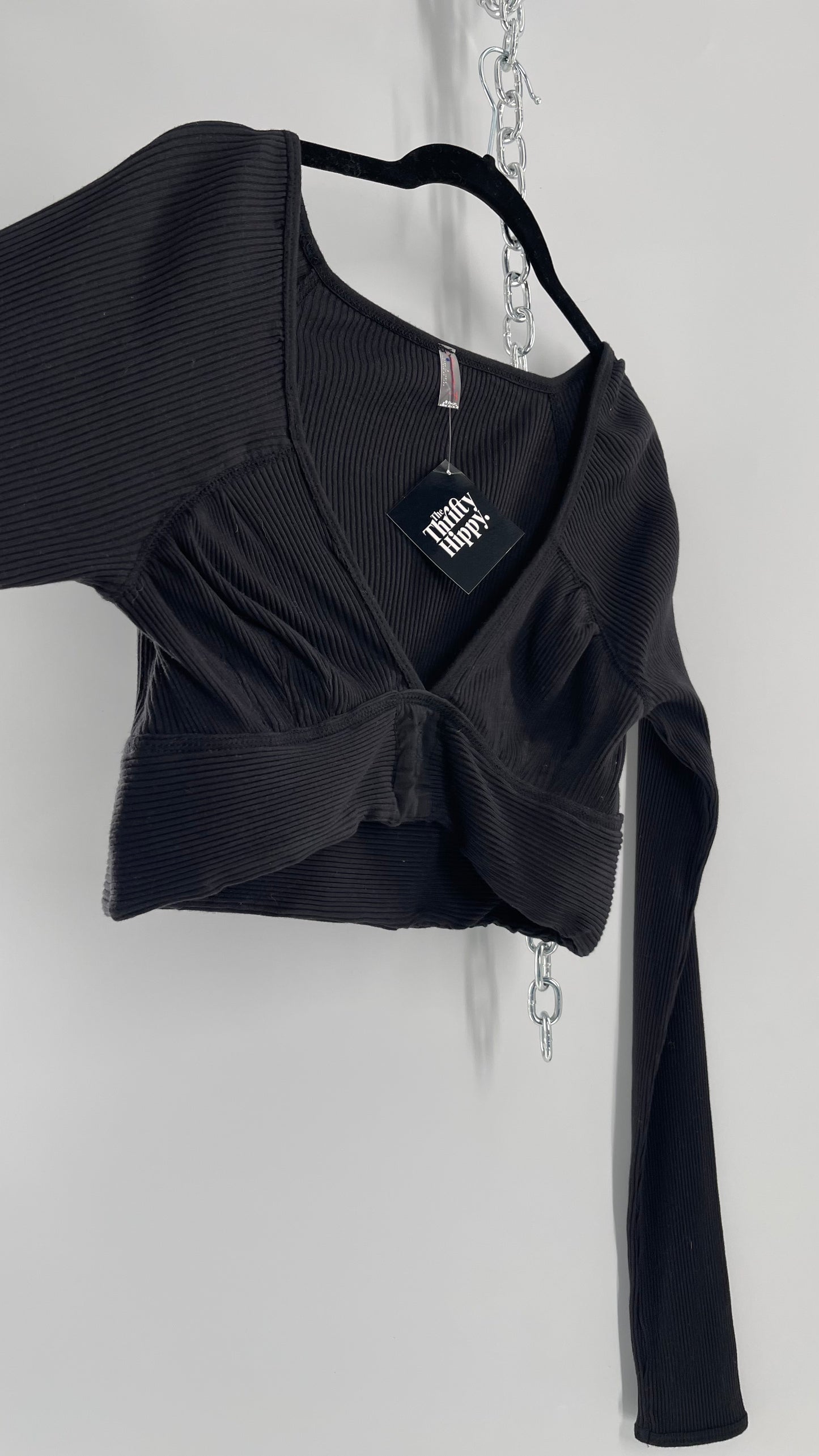 Free People Movement Black Ribbed Cropped Long Sleeve with Ruched Bust and Embroidered Symbol (Small)