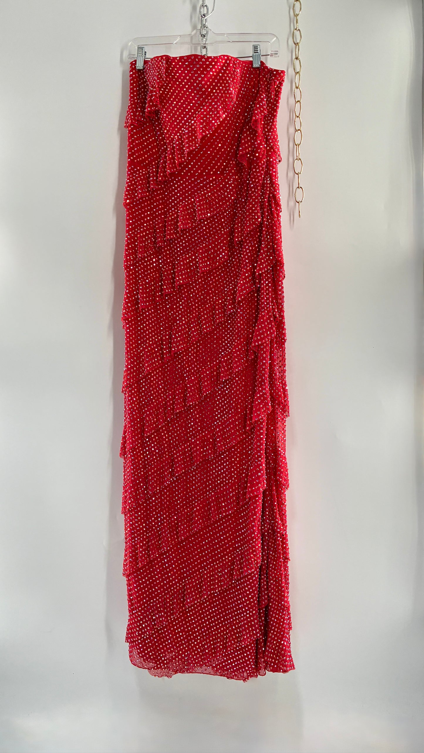 OH POLLY Red Ruffle, Heavy Gown Covered in Iridescent Rhinestones NWOT (14)