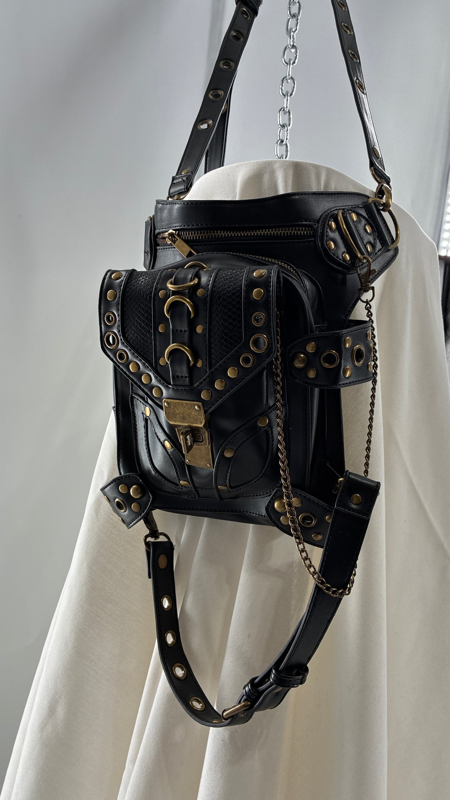 Vintage Bronze Studded, Leather Thigh Strap Crossbody Bag