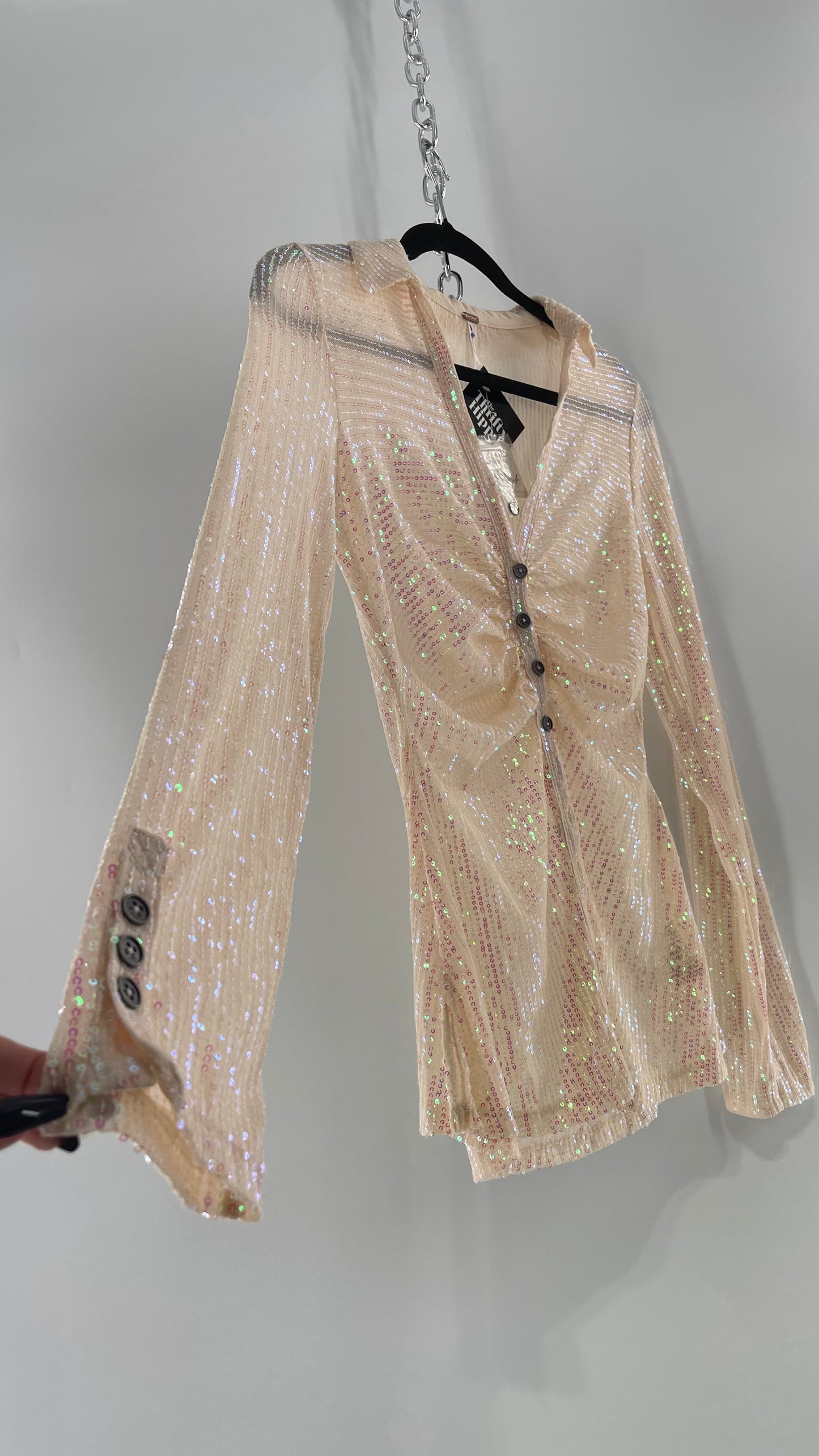 Free People Iridescent Sequined Button Front Ruched Bust Blouse with Tags Attached (Small)