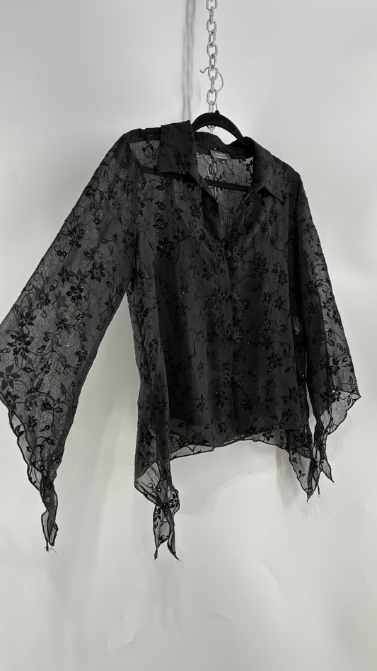 Vintage Black Handkerchief Hem Button Front Velvet Patterned Blouse (Medium)
