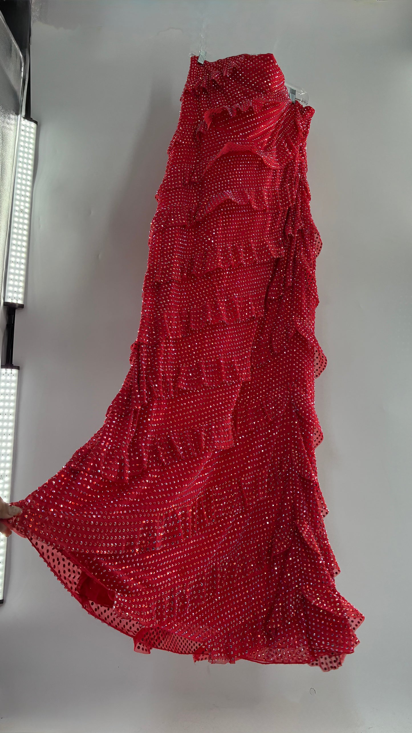 OH POLLY Red Ruffle, Heavy Gown Covered in Iridescent Rhinestones NWOT (14)