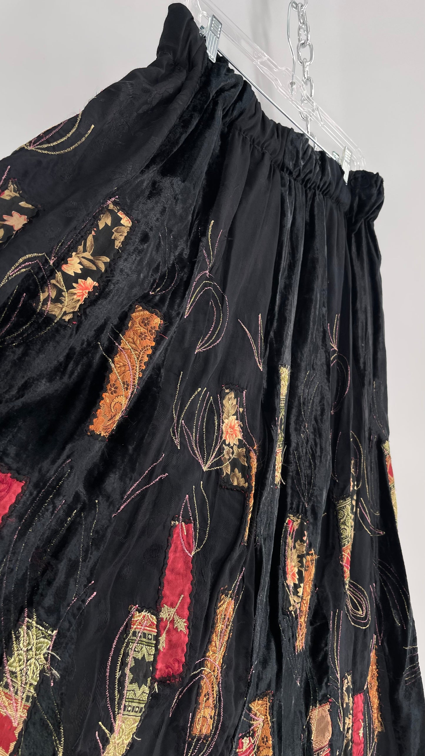 Vintage Black Velvet and Embossed Florals Patchwork Skirt with Metallic Stitch Detailing with Lining and Thick Waistline (M)