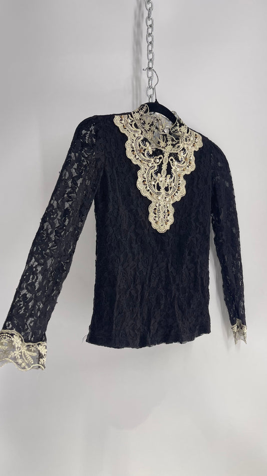 Biexiu Vintage Black Lace Semi Sheer Blouse with Ivory Gold Beaded Embroidered Neckline (Small)