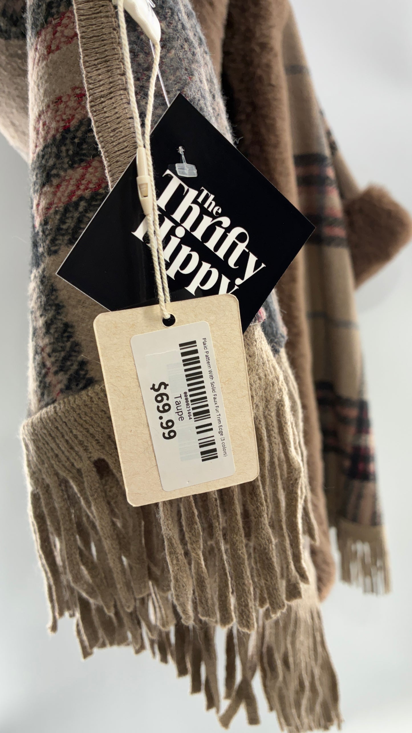 FADIVO NEW YORK Plaid Taupe Cape with Fur Trim and Tags Attached (OS)