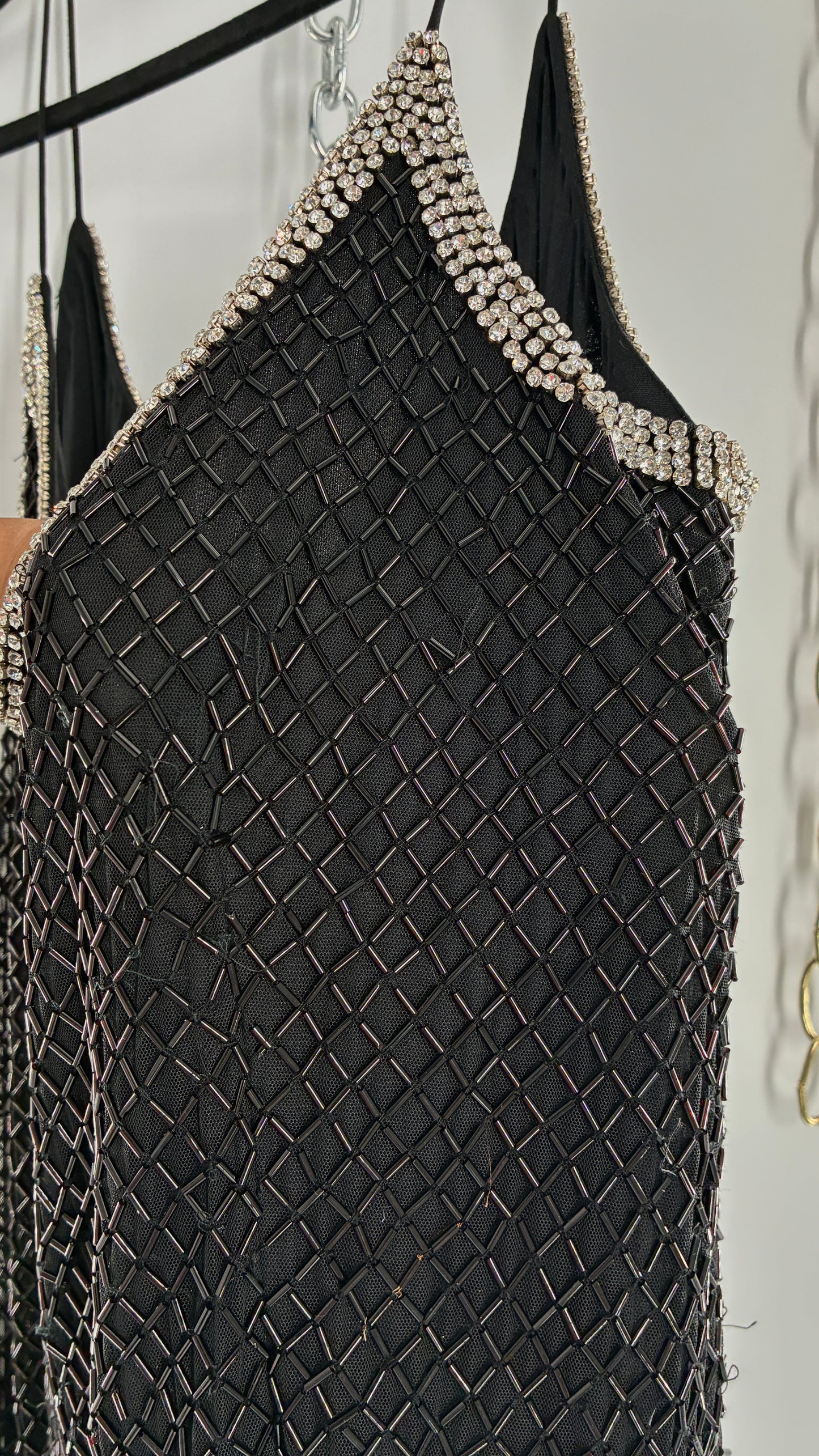 Vintage MAC DUGGAL Black Beaded Spaghetti Strap Column Gown with Tags Attached (16)