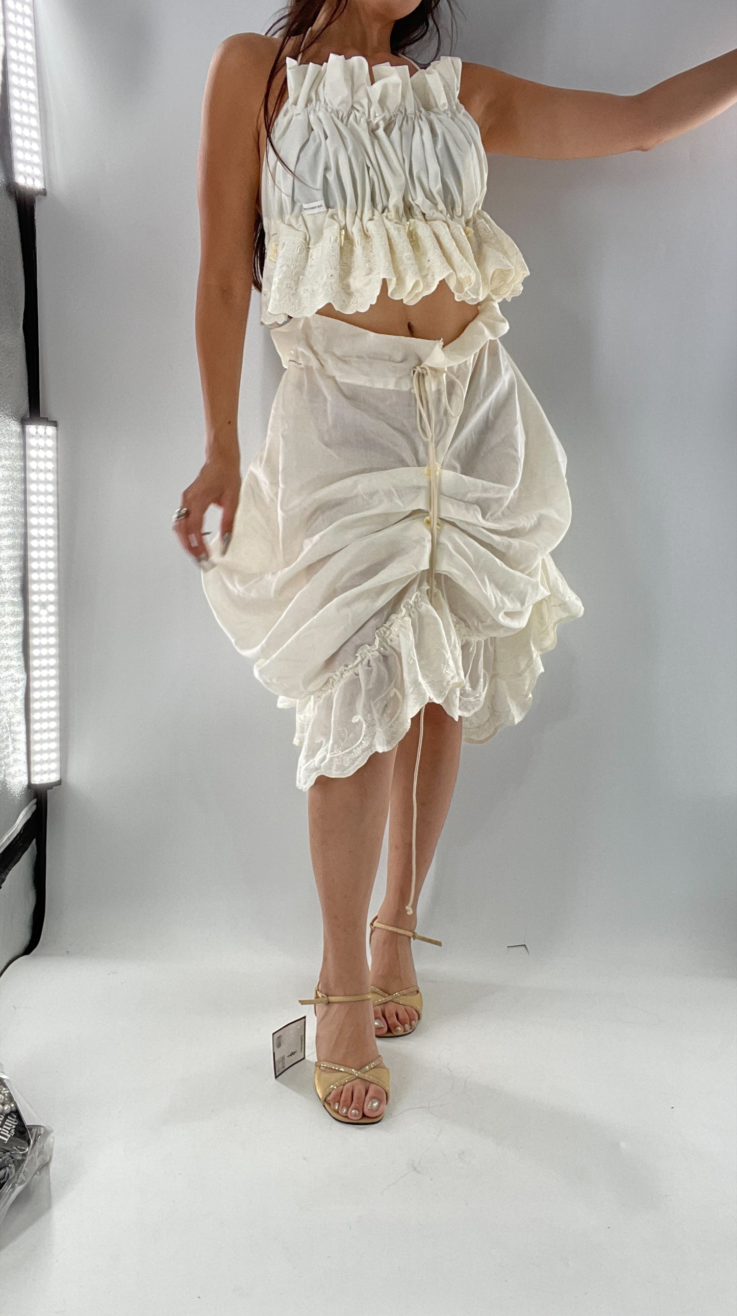 Custom Vintage Cottage Off White Set with Ruched/Scalloped Lace/Backless Top and Draping/Ribbon Skirt (One Size)