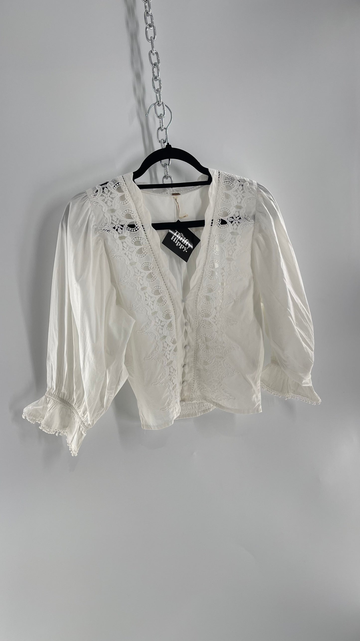 Free People White Puff Sleeve Prairie Blouse with Lace Details (Small)