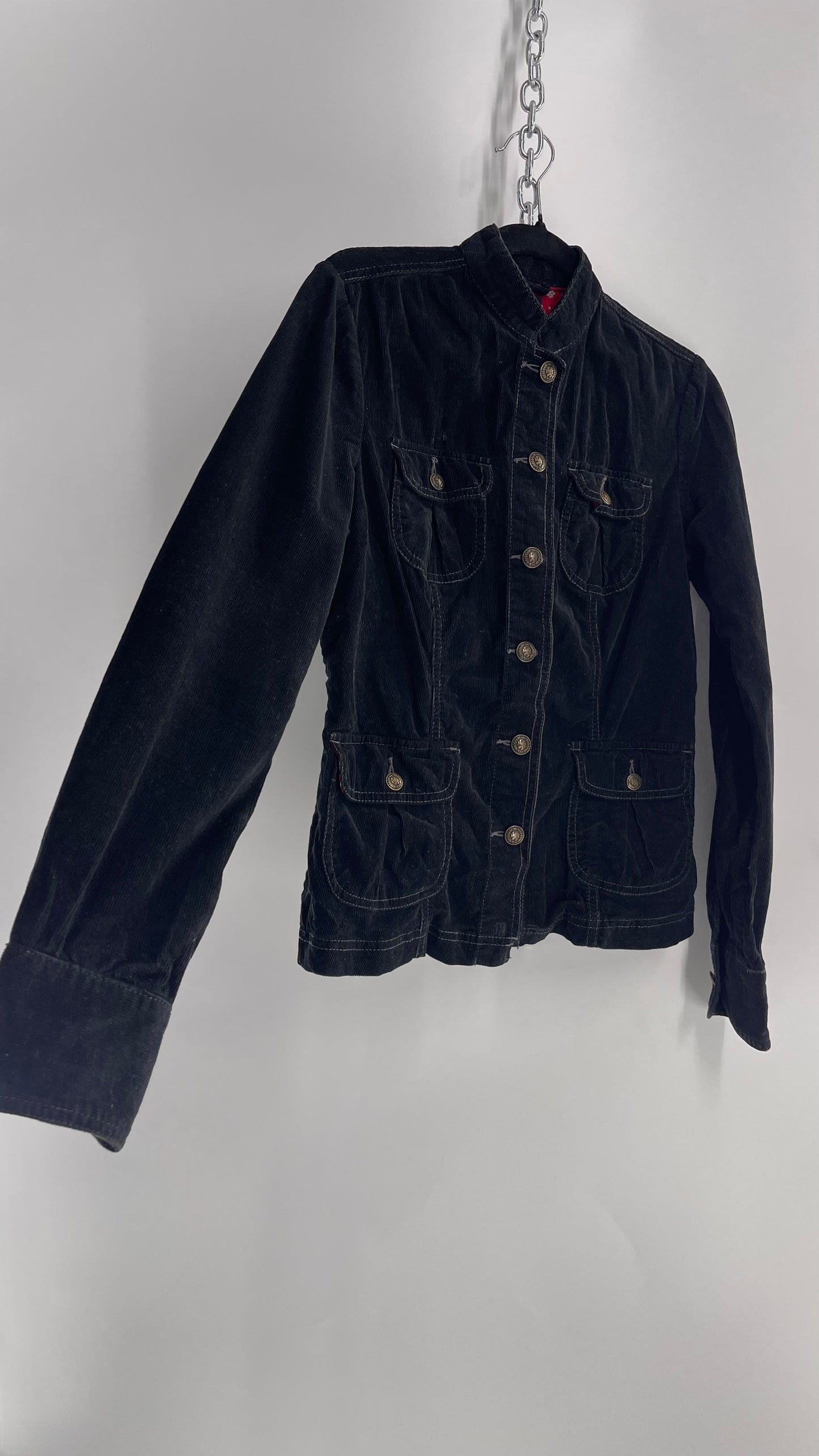 Tommy Hilfiger Black Corduroy Jacket with Pleated Pocket Details (Small)