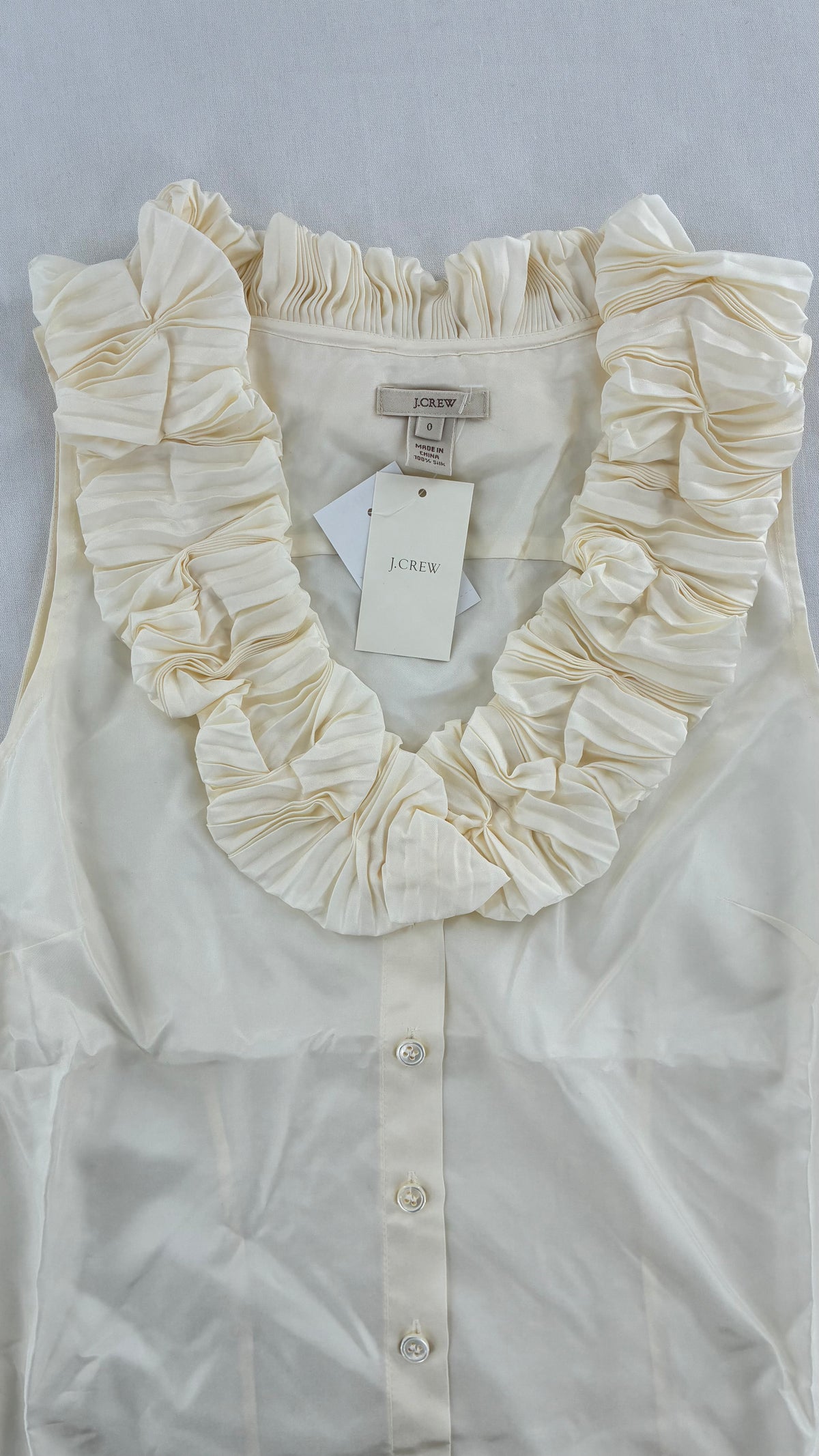 Vintage JCREW Ivory 100% Silk Button Front Sleeveless with Ruffled Neckline (0)