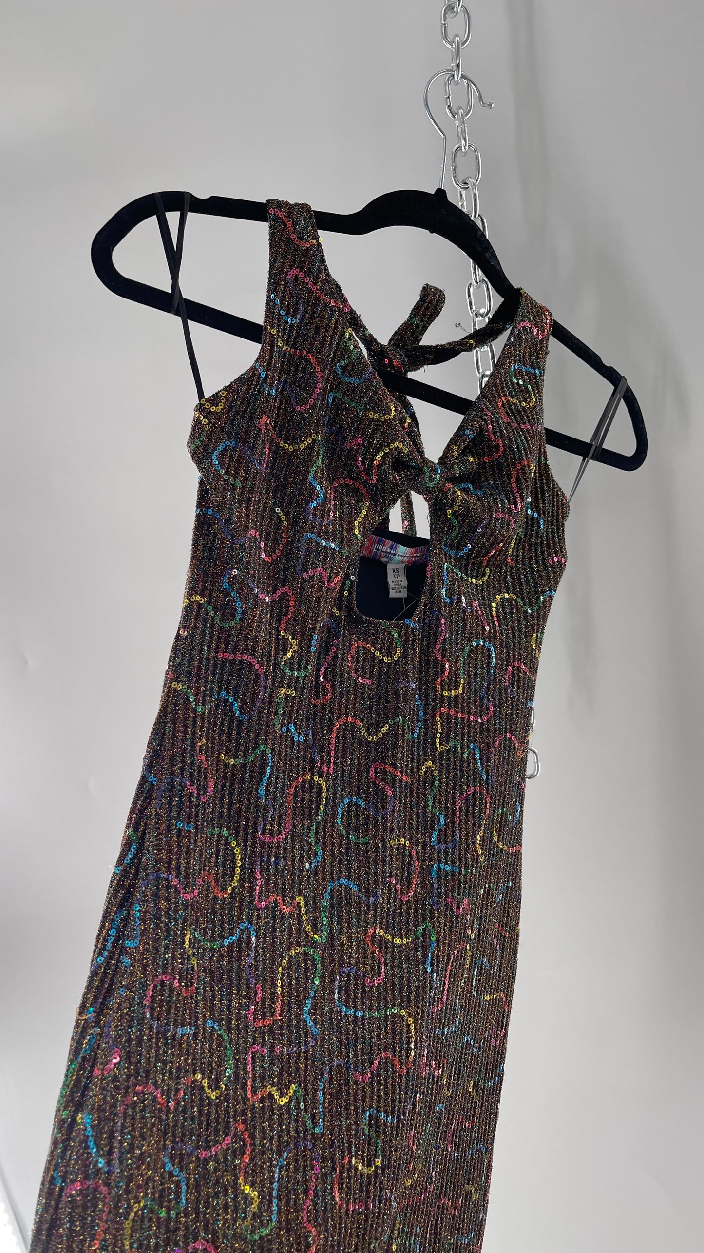 Urban Outfitters Gold Tinsel Rainbow Sequin Halter Mini (XS)