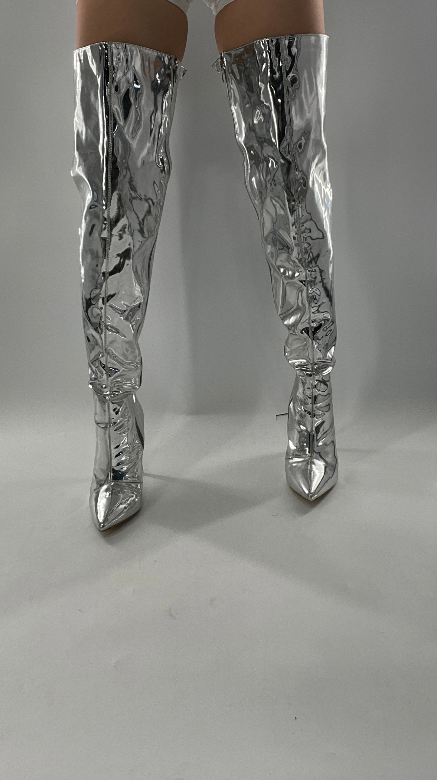 Vintage Chrome Platinum Mirrored Thigh High Molten Metal Sky High Boots Space Cadet/Concert (7)