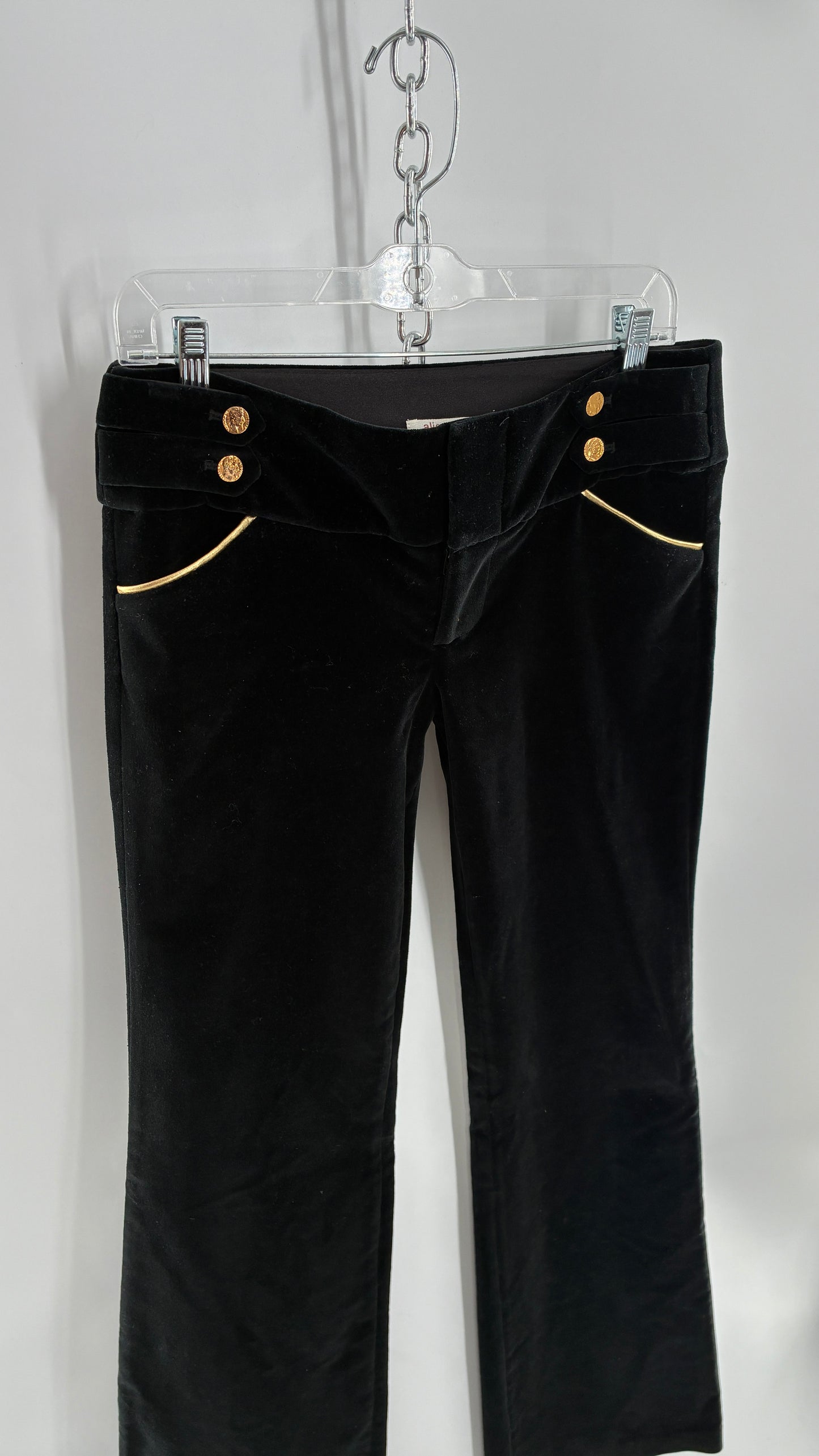 Vintage Alice + Olivia Thick Black Velour Low Rise Kickflare Pants with Thick Waistband with Gold Coin Detailing (6)