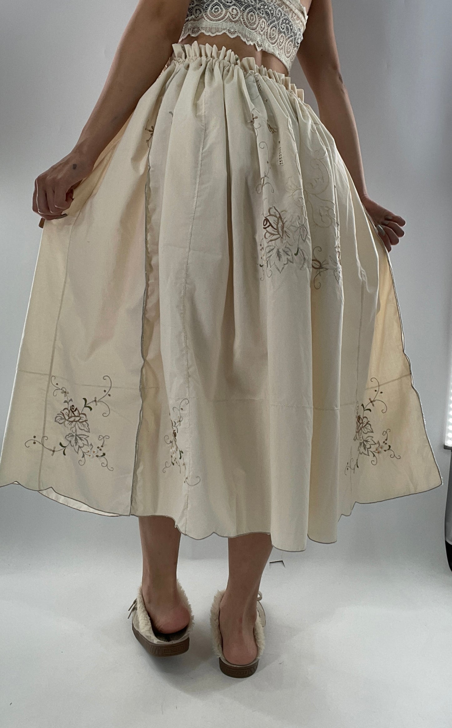 Custom Handmade Vintage Embroidered Off White Soirée Skirt (One Size)