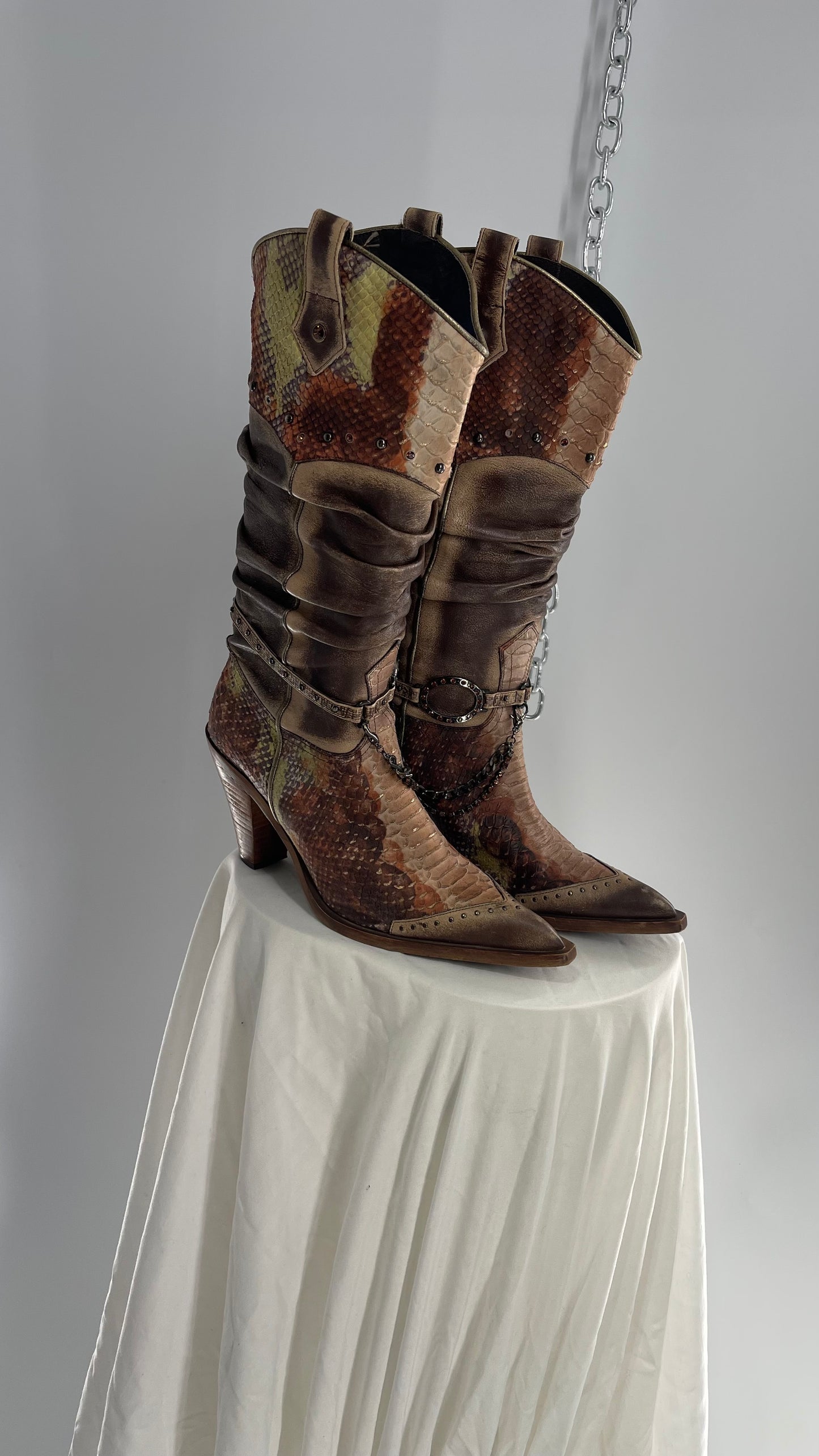 Vintage Steve Madden Stacked/Ruched Pointed Toe Cowboys with Snake Texture, Brown/Green/Orange with Chains and Studs (8)