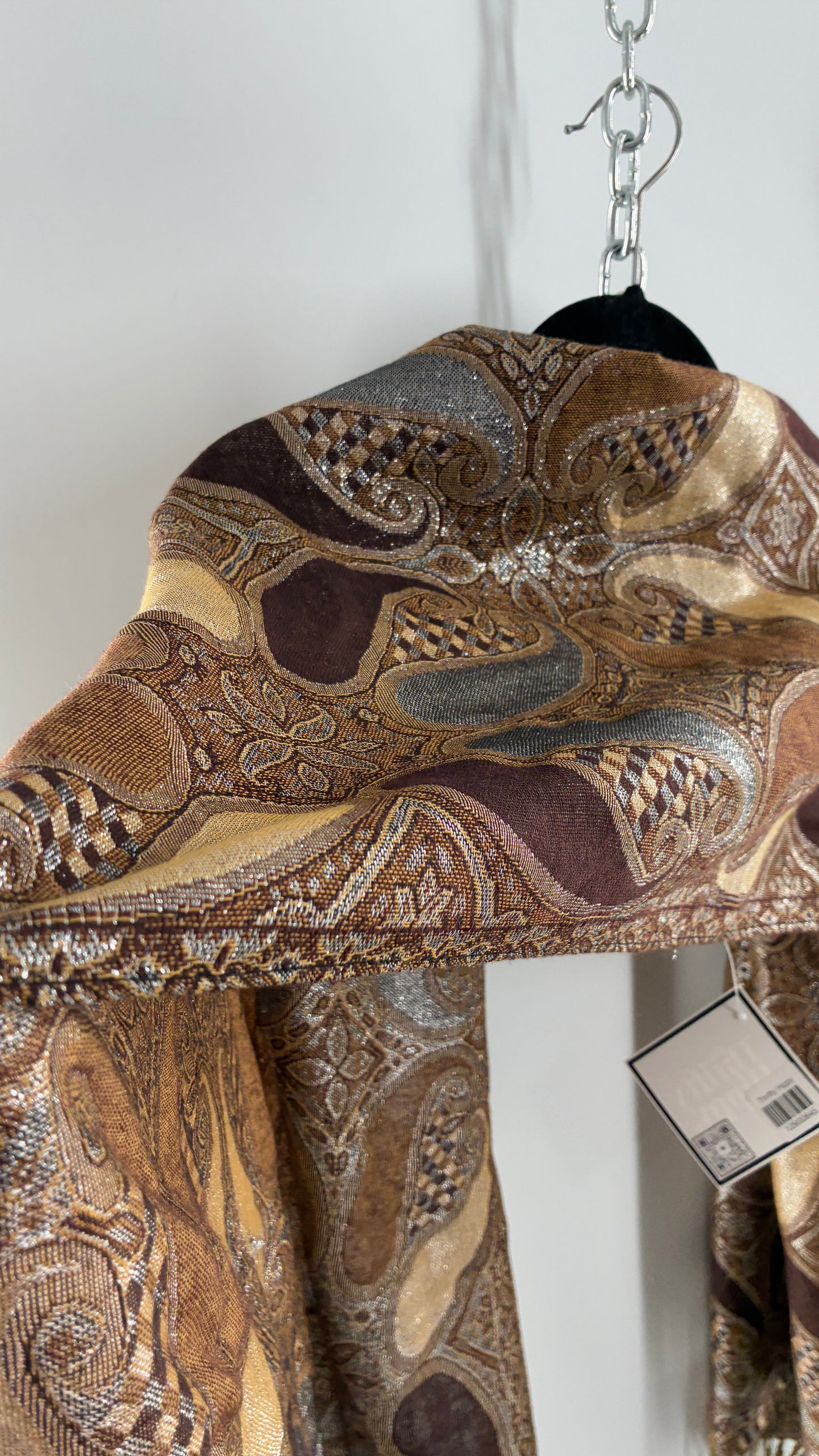 Vintage Paisley Metallic Knit Bronze and Silver Scarf