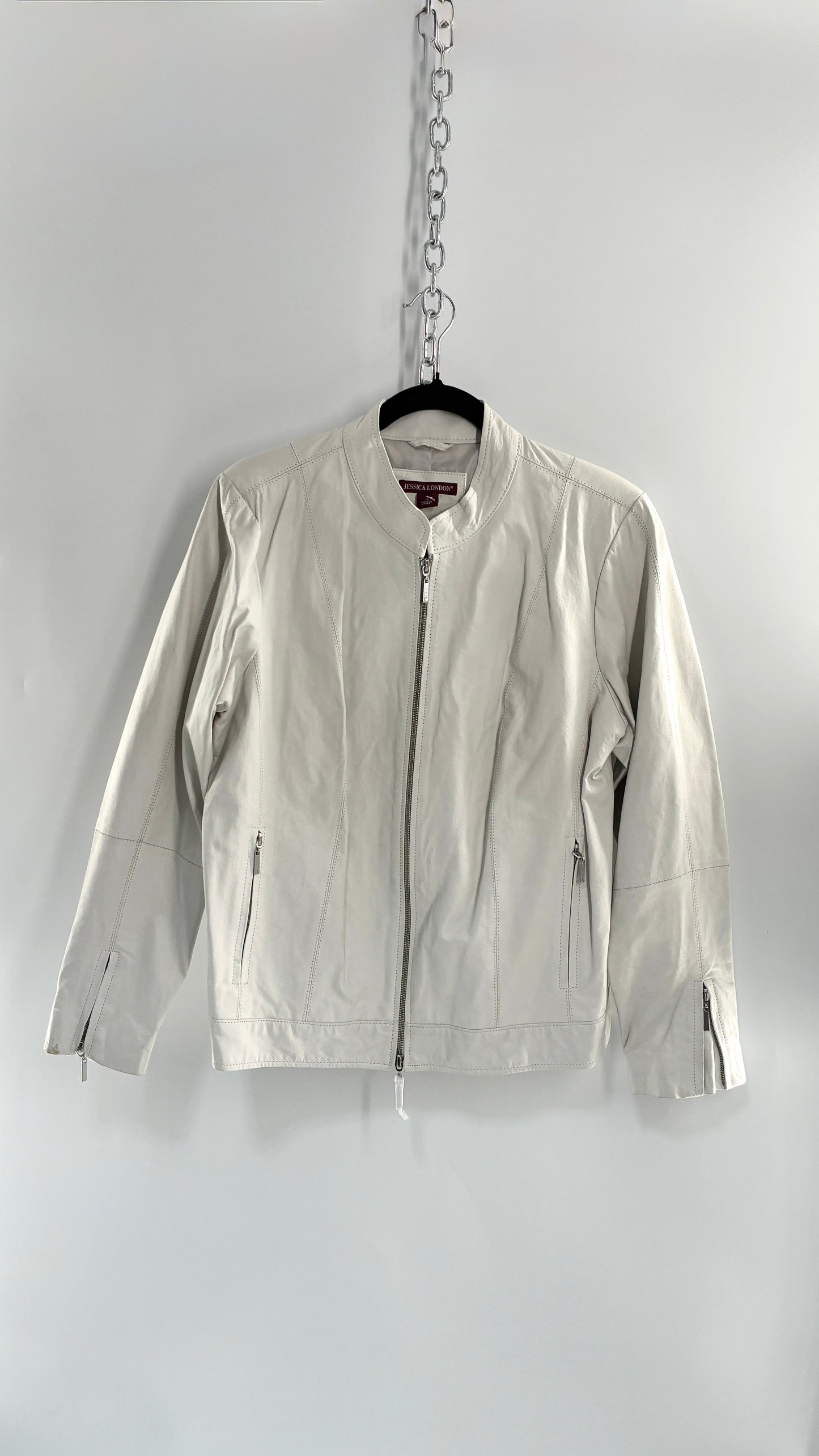 Deadstock Vintage JESSICA LONDON White Genuine Leather Paneled Motorcycle Jacket (16)