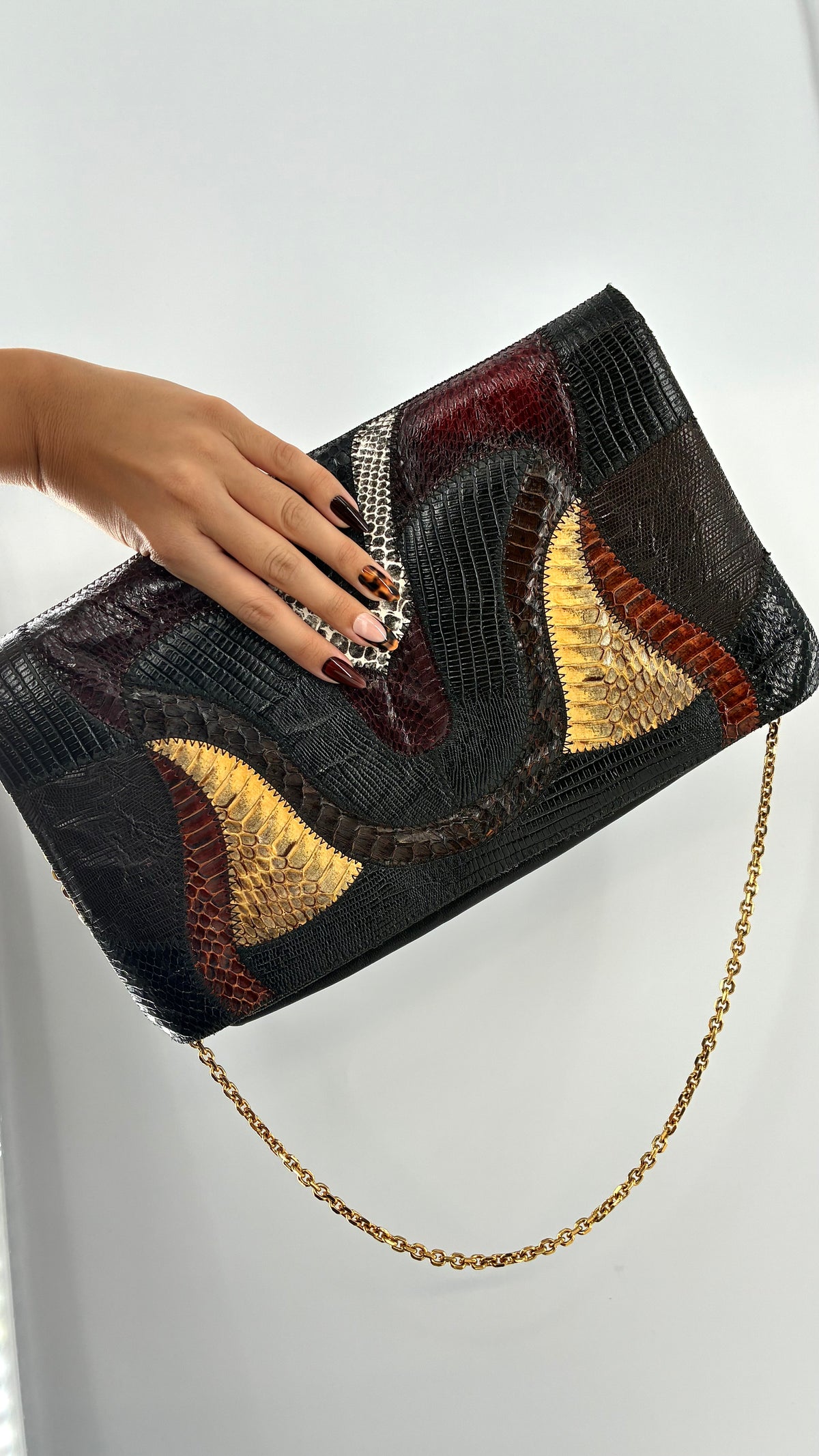 Vintage Exotic Genuine Leather Multicolor Reptile-Texture Patchwork Clutch With Chain Strap