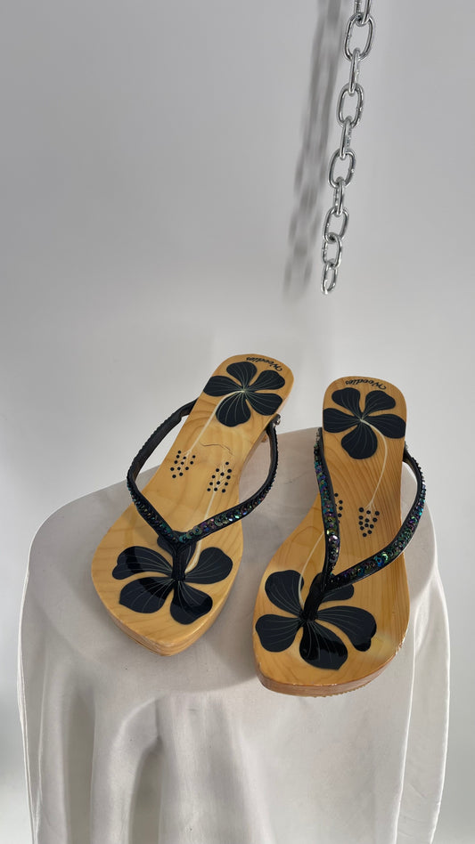 Vintage Woodies Wooden Sandal with Hand Painted Flowers and Leather/Sequin Strap (10)