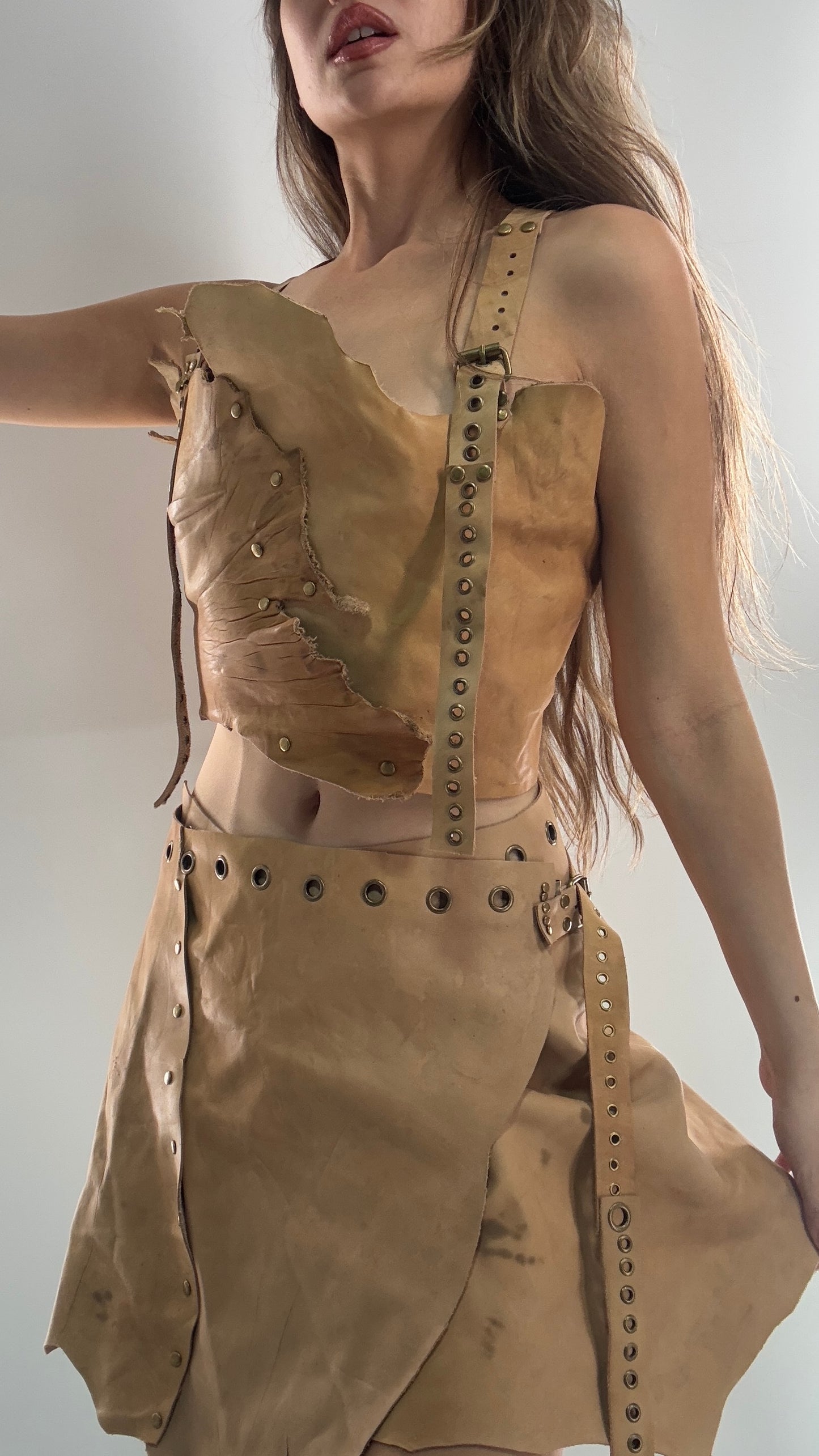 CUSTOM Handmade Rugged and Reversible Distressed Leather Two Piece Set with Grommet Waistband (XS-XL)