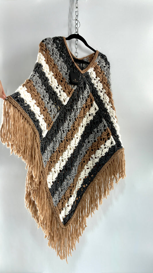 MASSIMO DUTTI Neutral Fringe-lined, Knit Poncho with Tags Attached (Small)