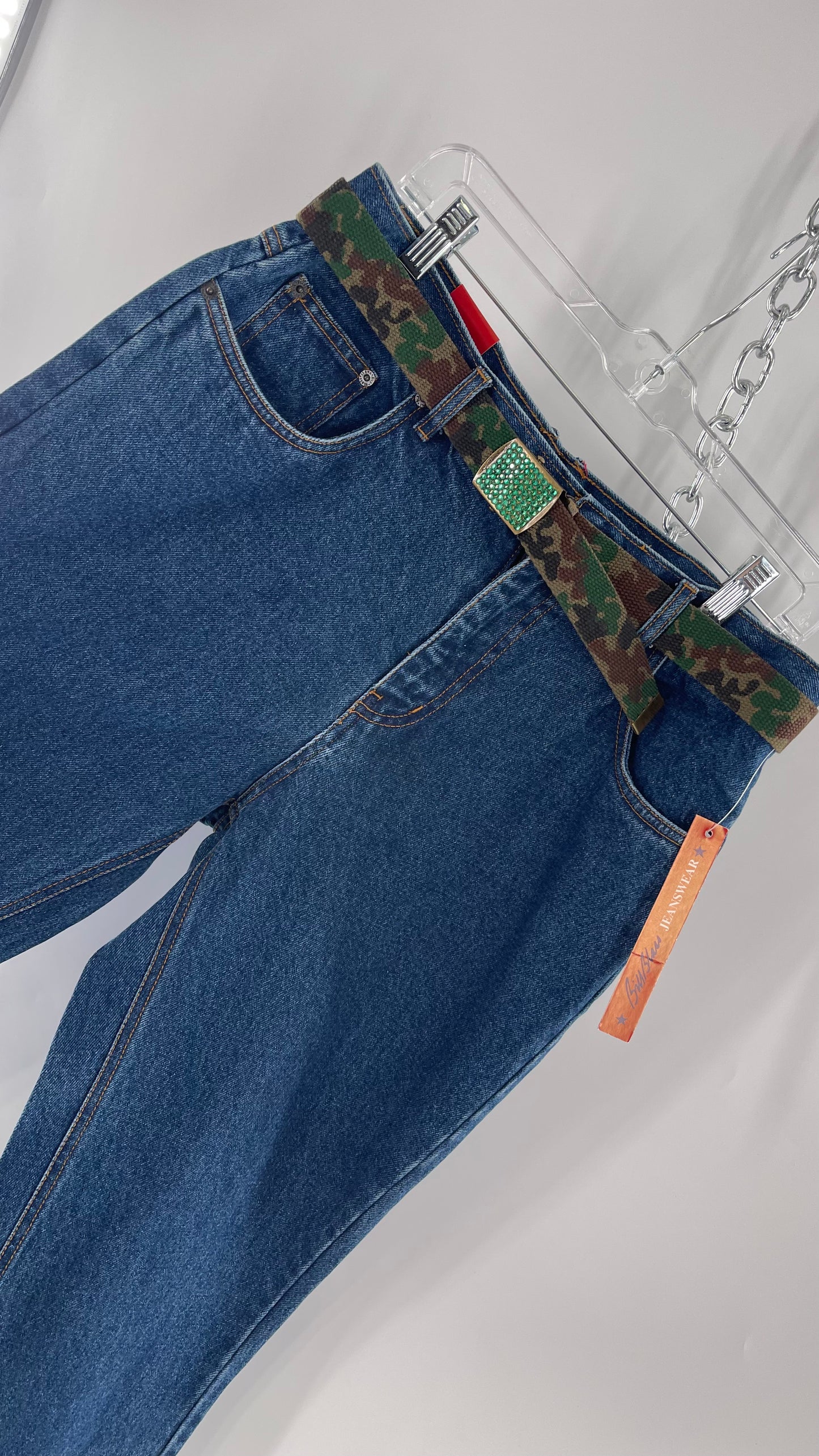 Deadstock Vintage Bill Blass Blue Jean with Camo Belt and Rhinestone Encrusted Buckle  (12P)