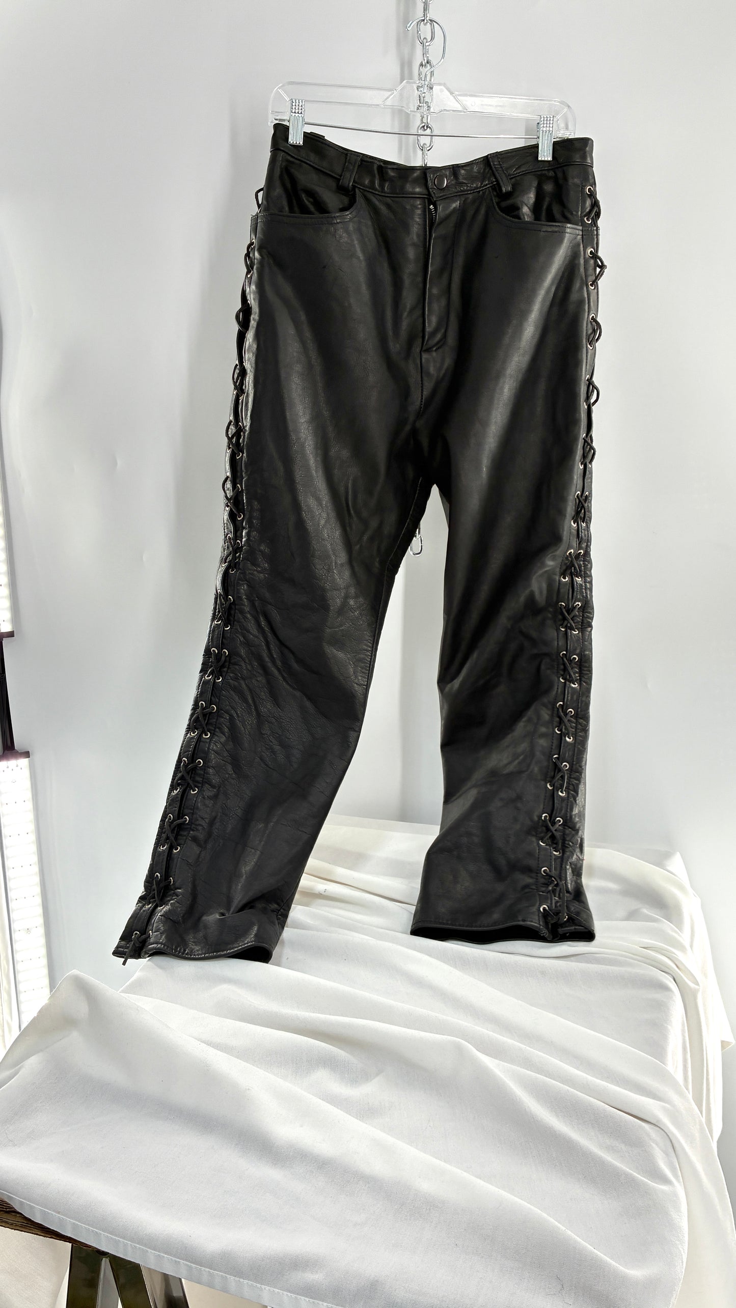 Vintage Thick Ultra Soft Black Leather Pants with Tie Up Sides (Medium)