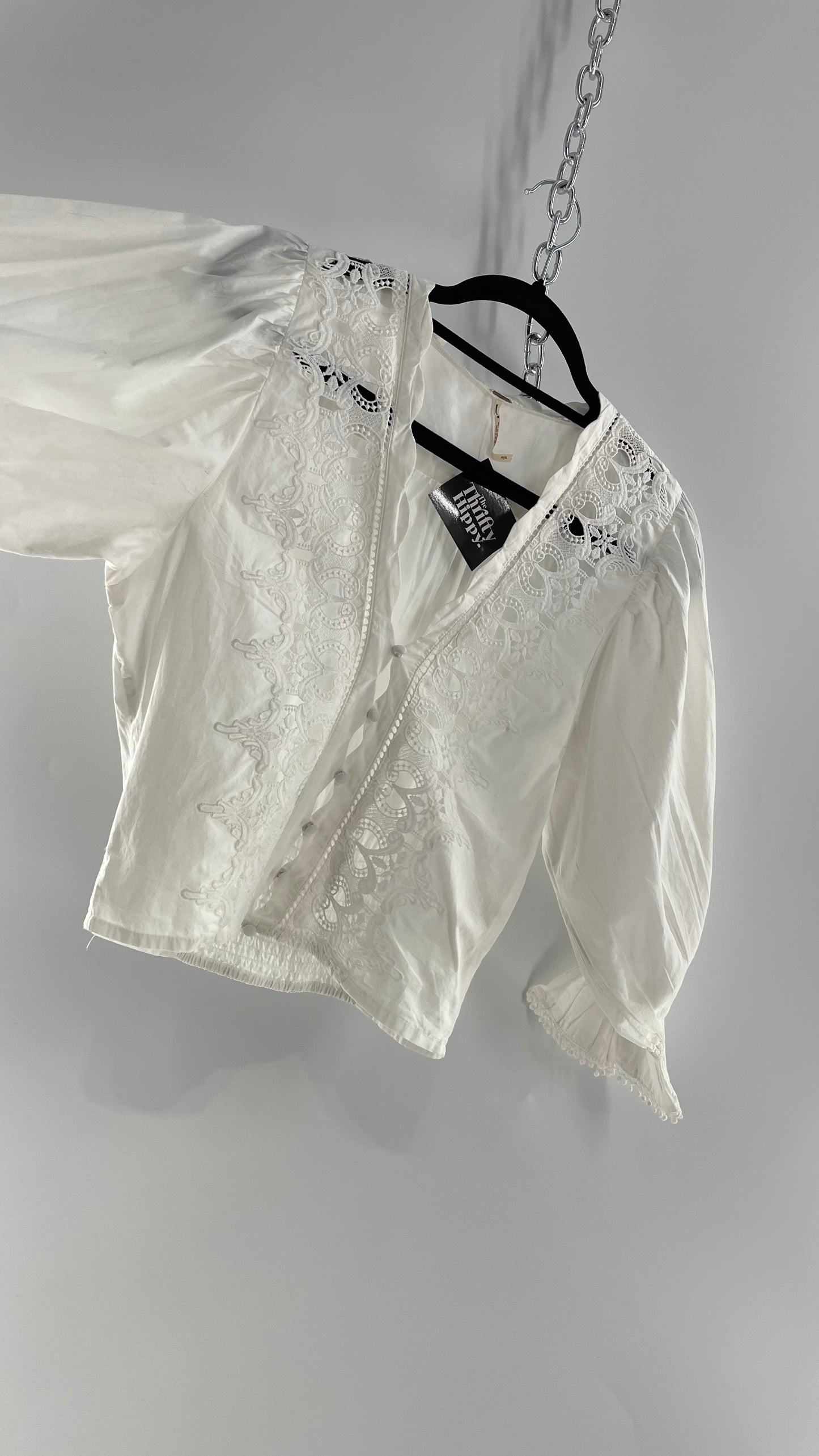 Free People White Puff Sleeve Prairie Blouse with Lace Details (Small)