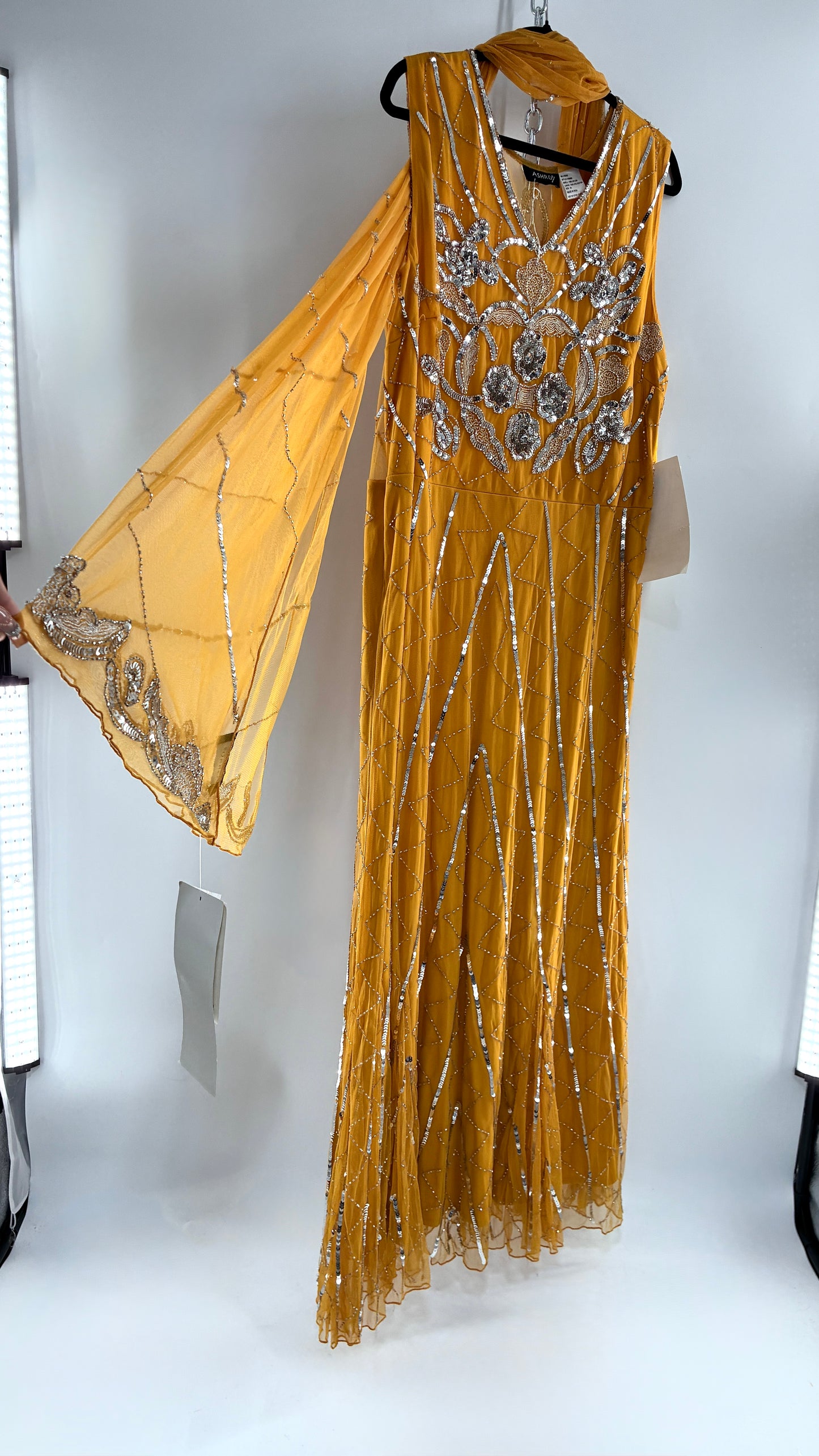 Deadstock Vintage ASHRO 1990s Mustard Yellow Dress with Sheer Back, Neck Scarf and Silver Beading (XXL)