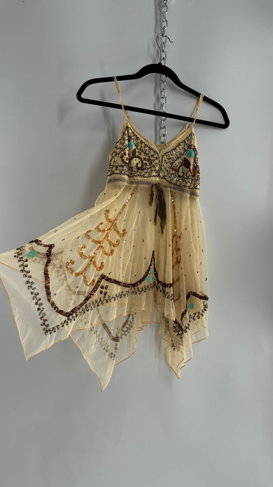 Handmade Beige Handkerchief Camisole with Hand Beaded Details (XS)