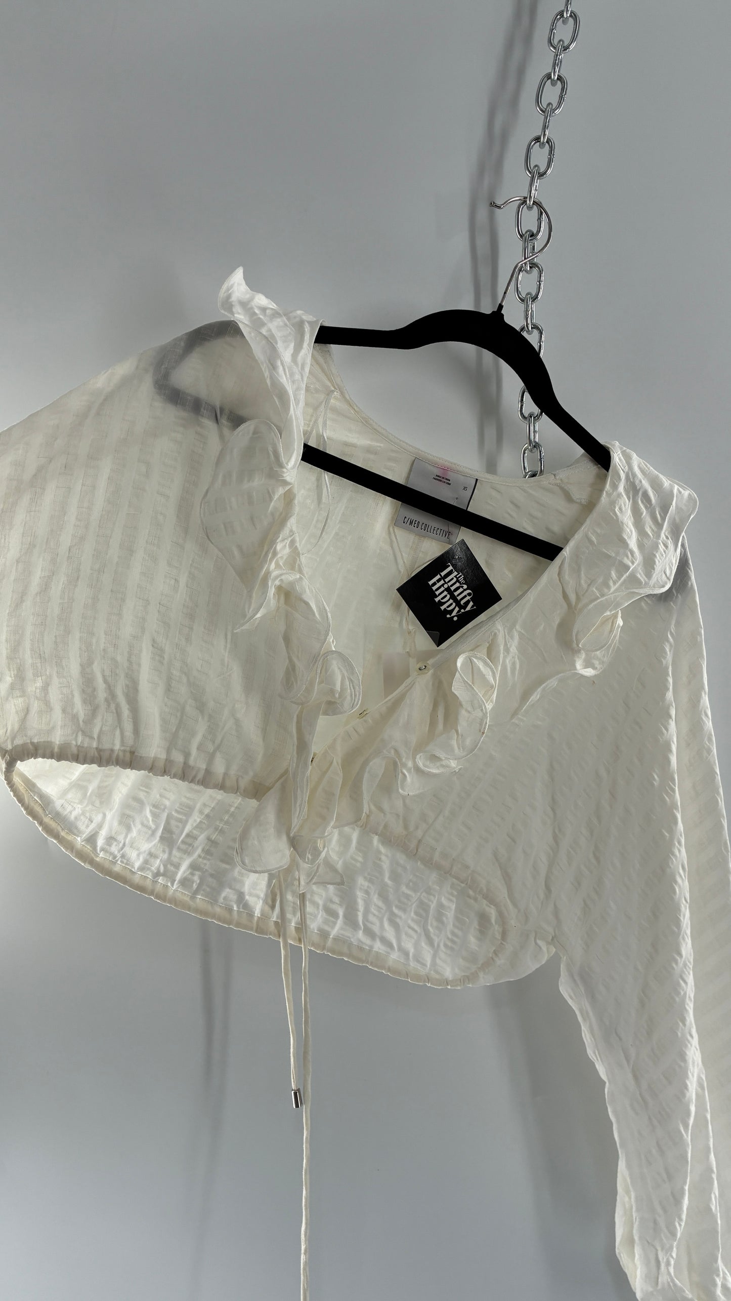 CMEO Collective White Balloon Sleeve Blouse with Ruffled, Button Up Neckline and Adjustable Drawstring Waist (XS 0-2)