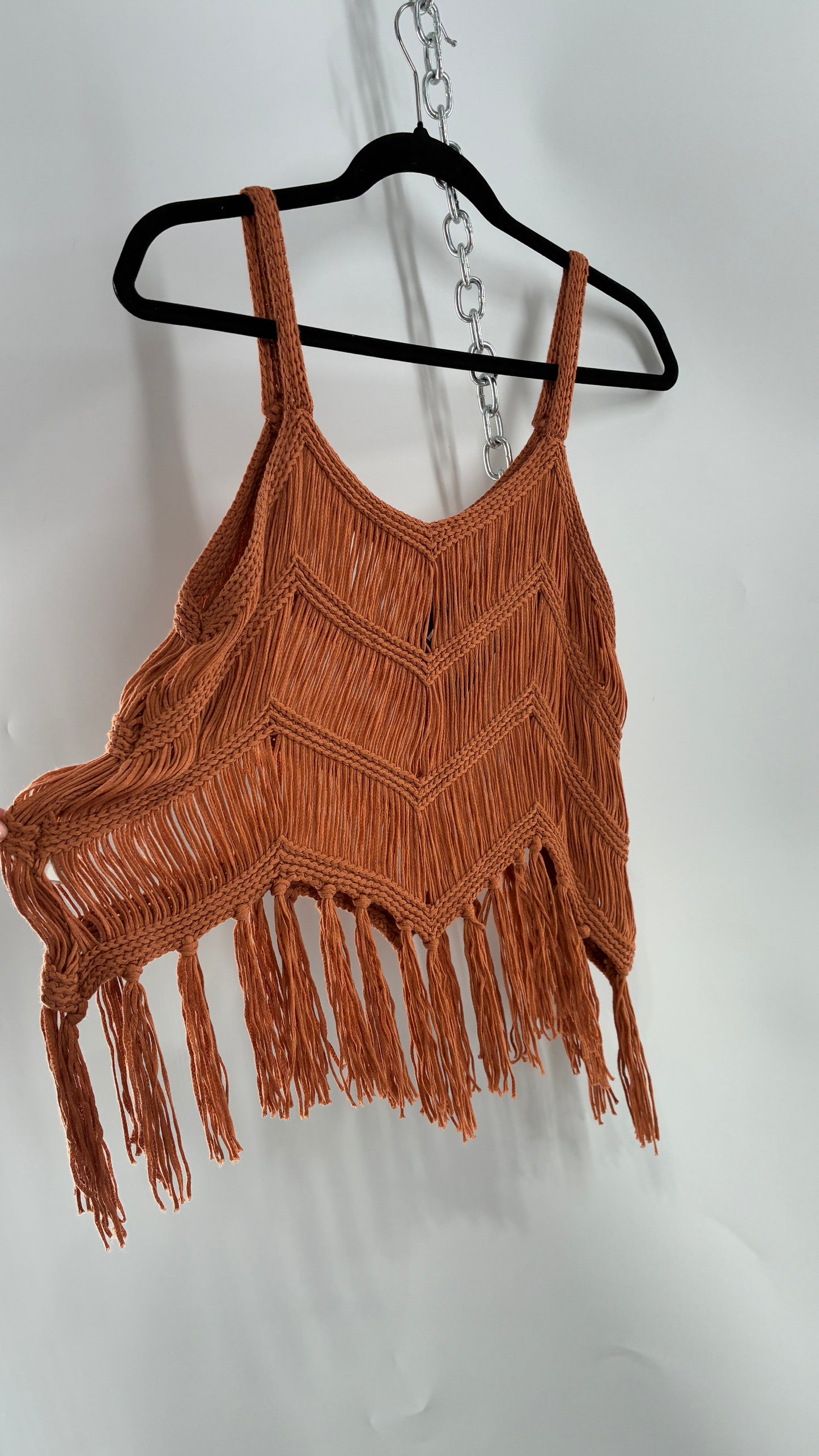 Vintage Rust Orange Macrame Fringe Sleeveless Top (Large)
